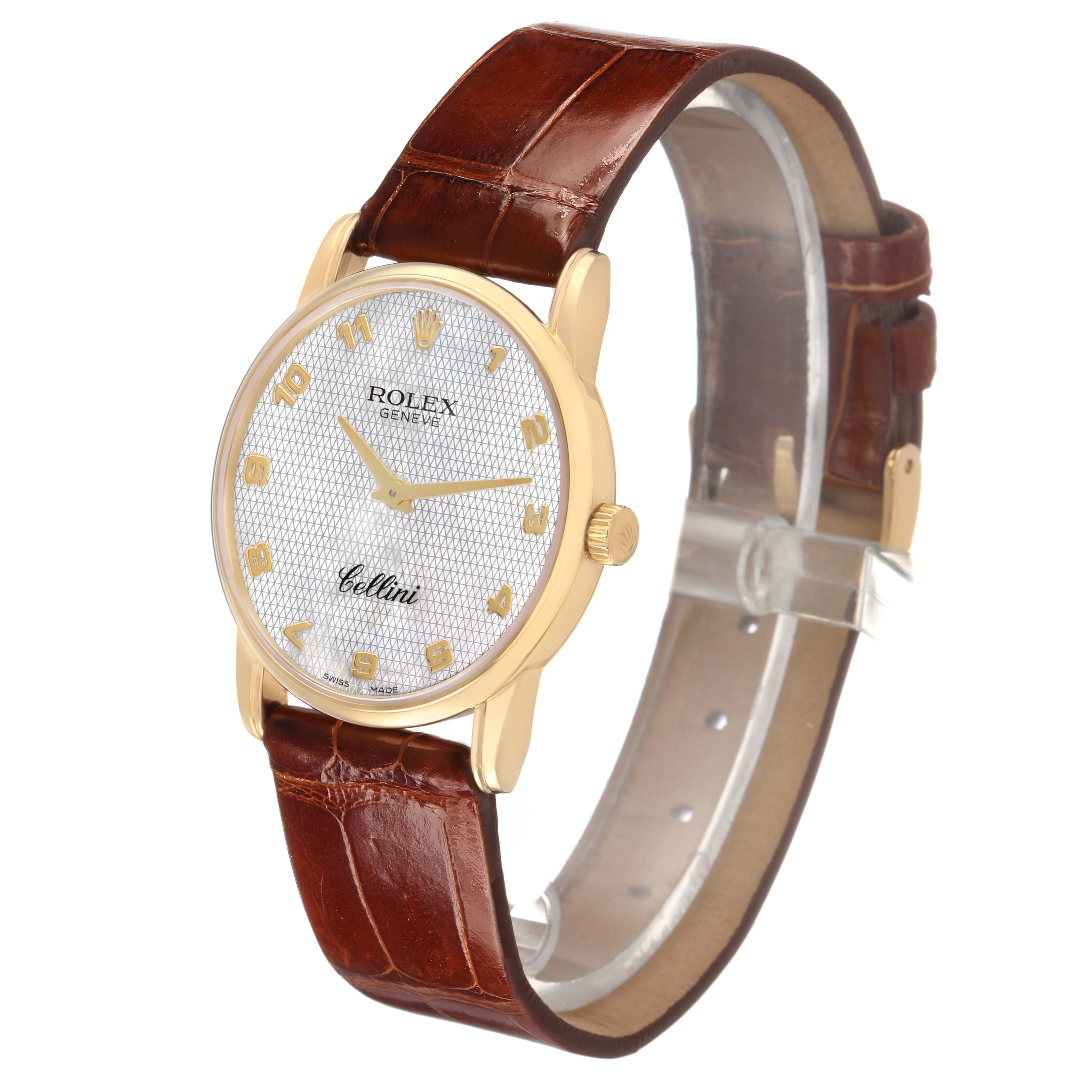 The Rolex Cellini 5116/8 Men's Yellow Gold Mother of Pearl Dial watch is shown at a three-quarter angle, displaying the face, gold case, crown, and brown leather strap.