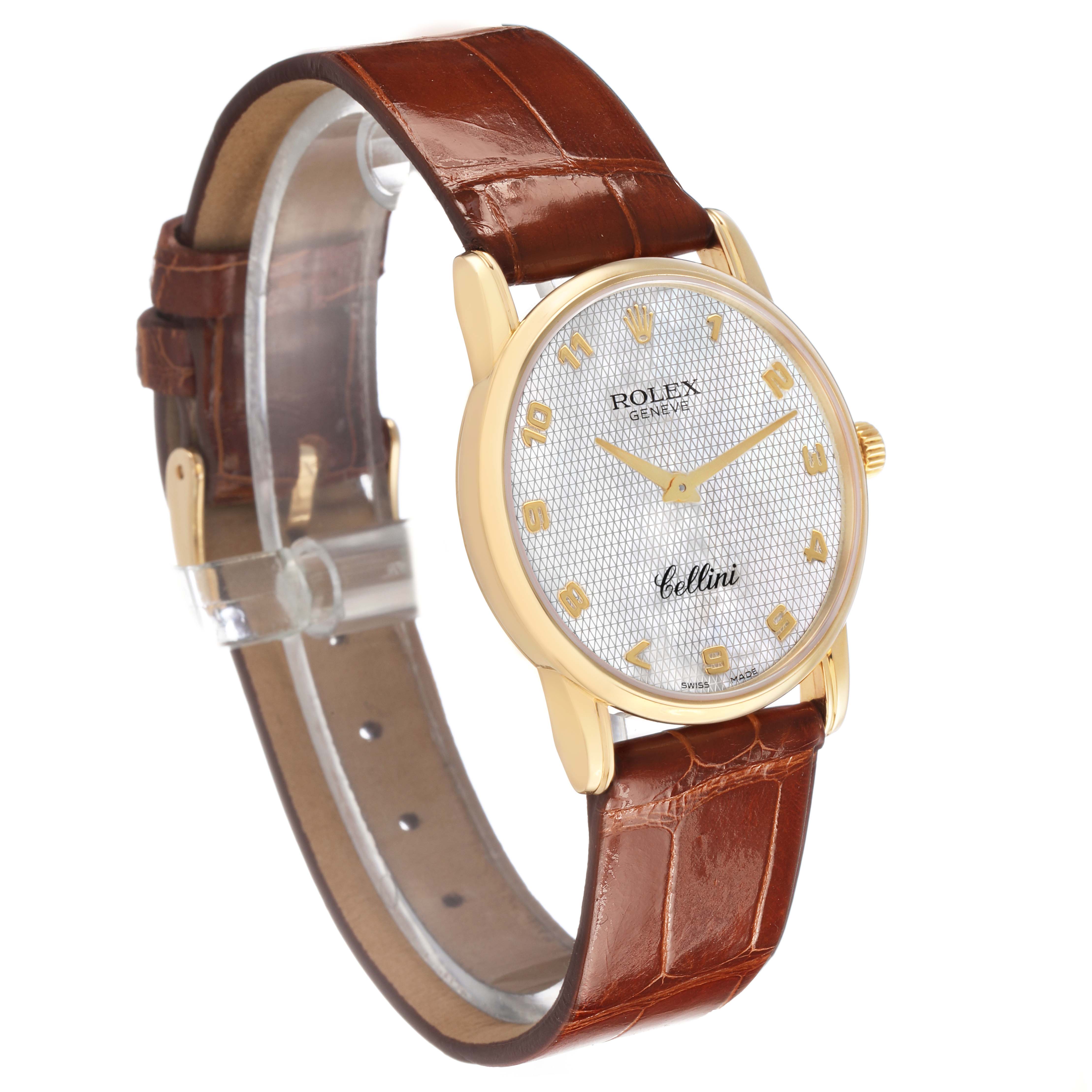 The Rolex Cellini 5116/8 Men's Yellow Gold Mother of Pearl Dial watch is shown at a three-quarter angle, displaying the dial, case, and leather strap.