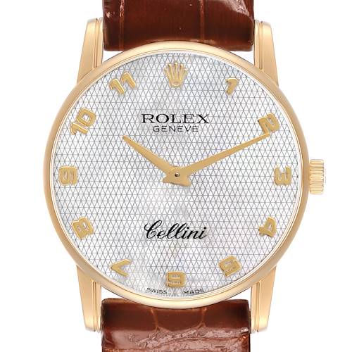 The Rolex Cellini 5116/8 Men's Yellow Gold Mother of Pearl Dial watch is shown from the front, highlighting the dial, hands, and part of the leather strap.