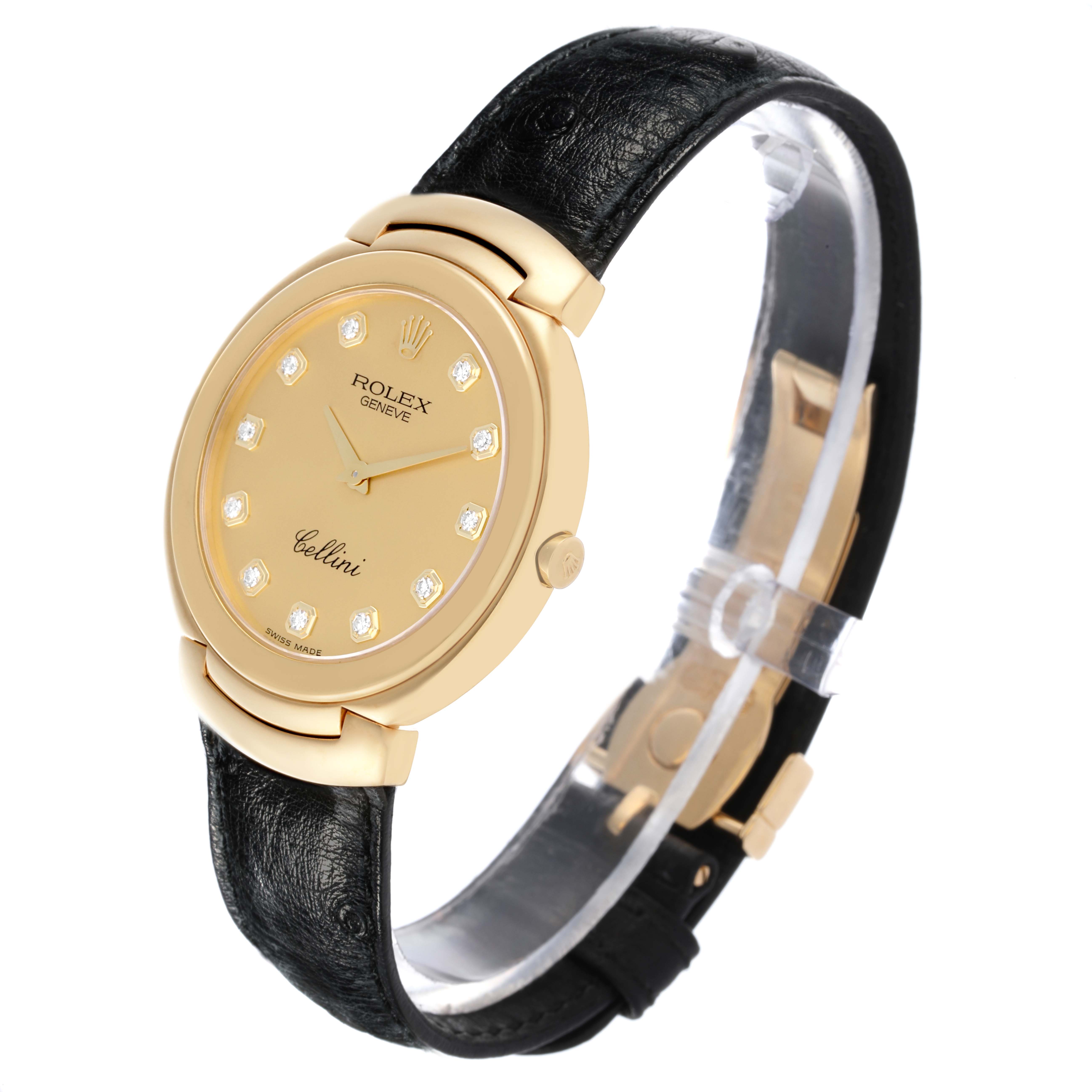 The Rolex Cellini 6623 Men's Yellow Gold Champagne Dial 6623 Men's Yellow Gold Champagne Dial watch is shown at a three-quarter angle, highlighting the gold case, dial, and leather strap.