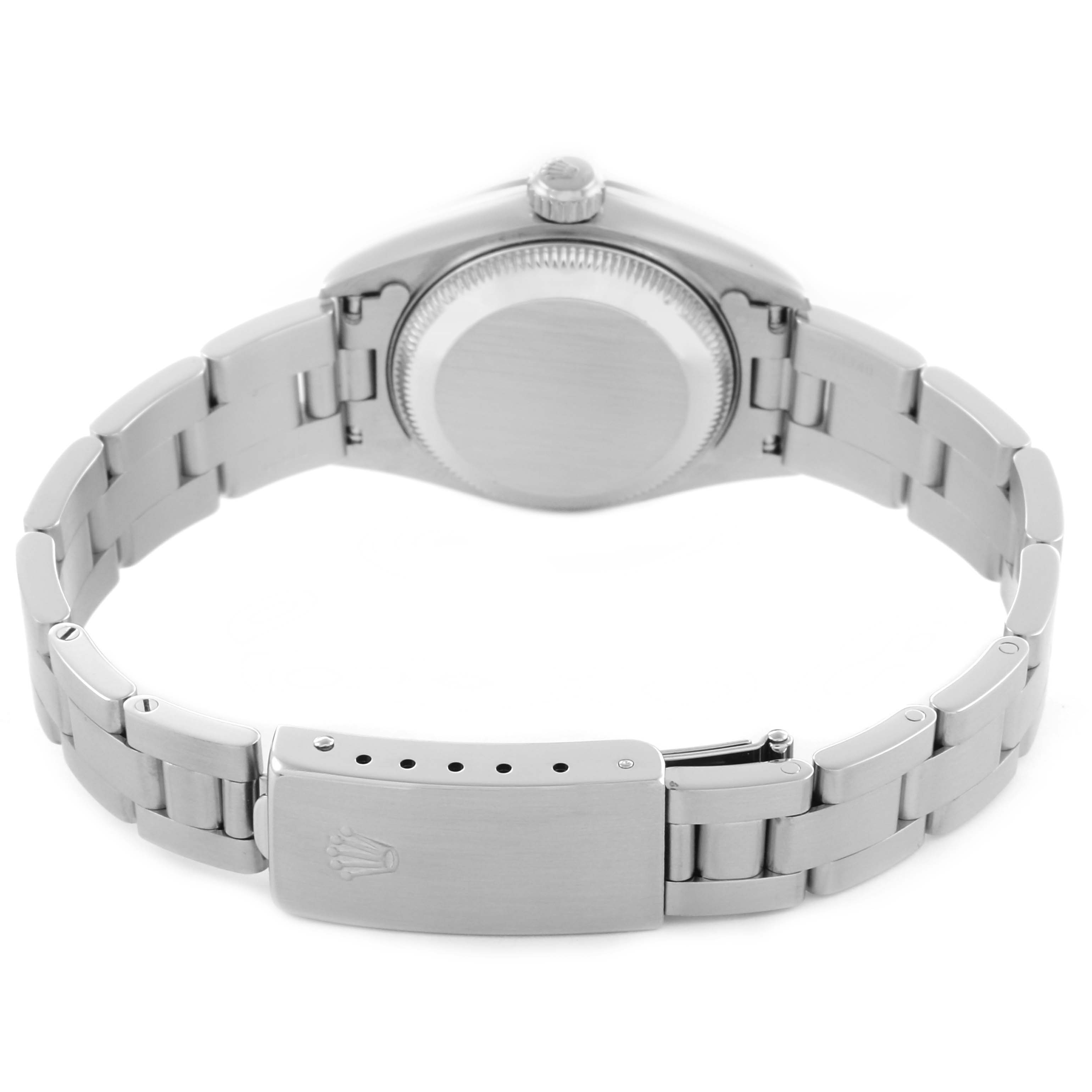 The image shows the back of a Rolex Date 69160 Women's Stainless Steel Blue Dial 69160 Women's Stainless Steel Blue Dial watch, highlighting the case back, bracelet, and clasp.