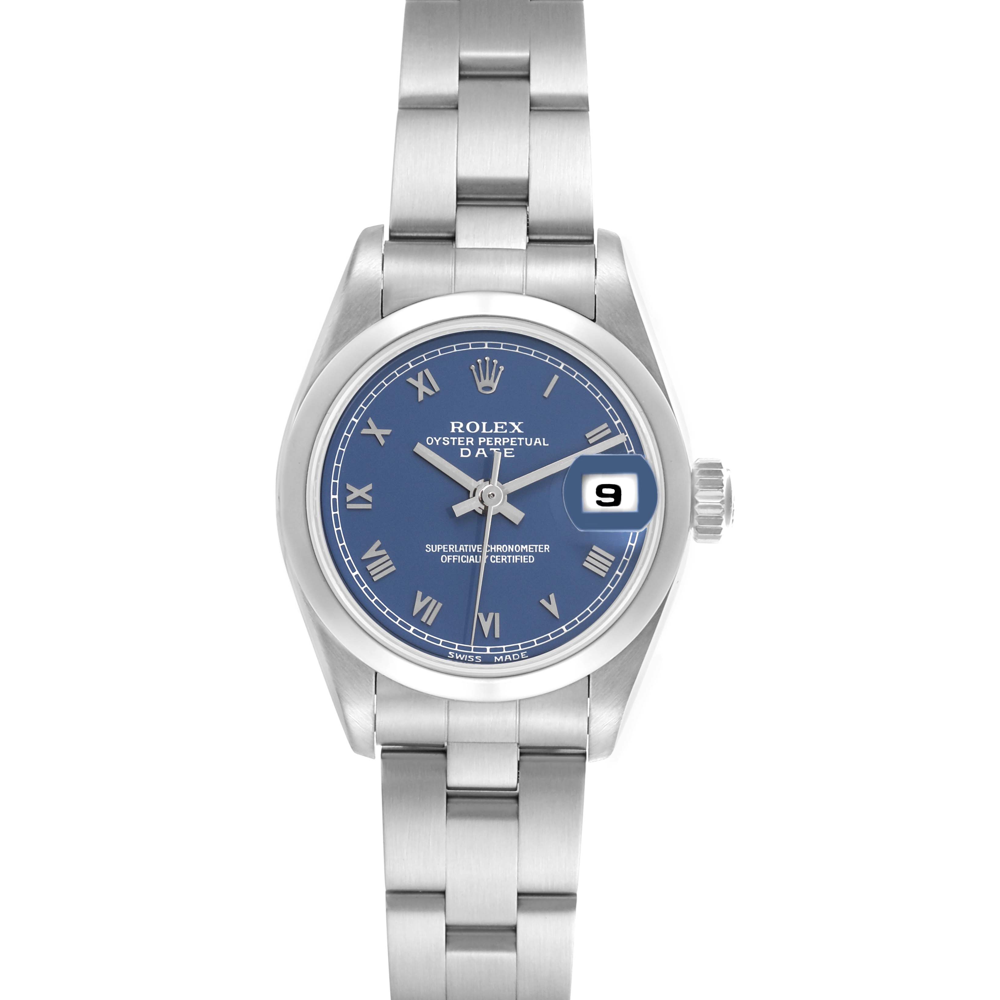 The Rolex Date 69160 Women's Stainless Steel Blue Dial 69160 Women's Stainless Steel Blue Dial model watch is shown from a top-down angle, displaying the blue dial, hands, bracelet, and date magnifier.
