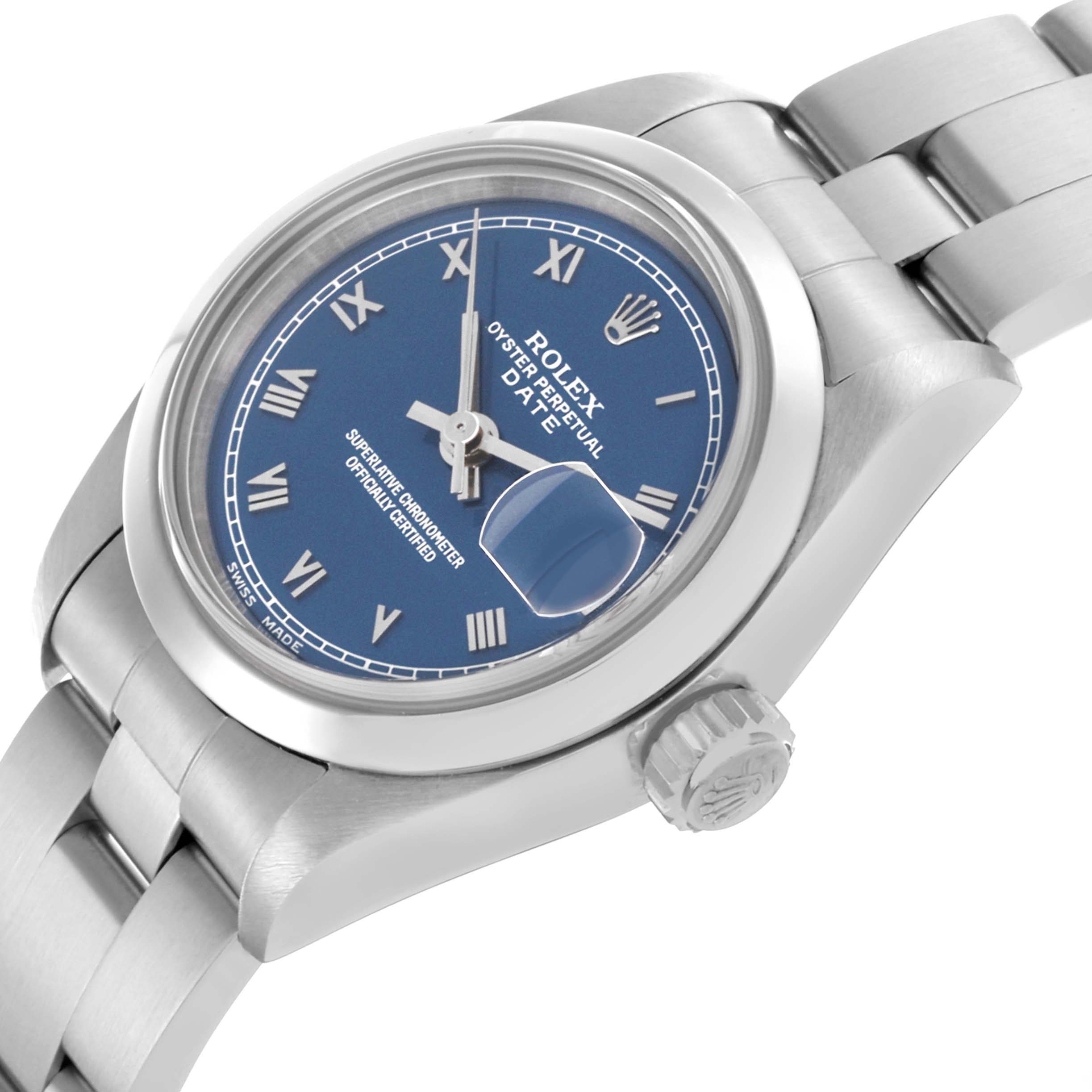 The Rolex Date 69160 Women's Stainless Steel Blue Dial 69160 Women's Stainless Steel Blue Dial watch is angled to show the face, bezel, crown, and part of the bracelet with a blue dial featuring Roman numerals.