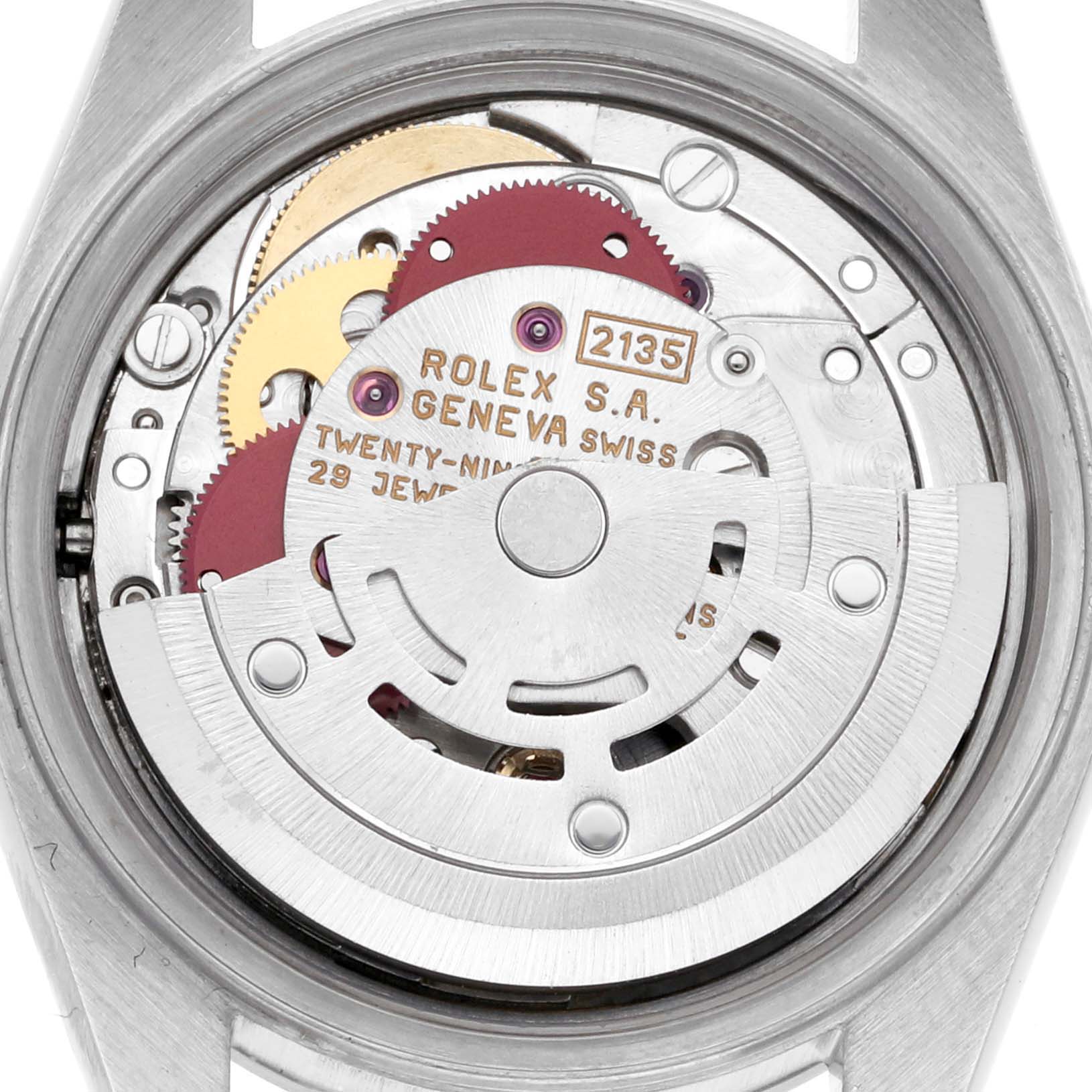 The image shows the movement mechanism of a Rolex Date 69160 Women's Stainless Steel Blue Dial 69160 Women's Stainless Steel Blue Dial model, viewed from the back, highlighting gears and rotors.