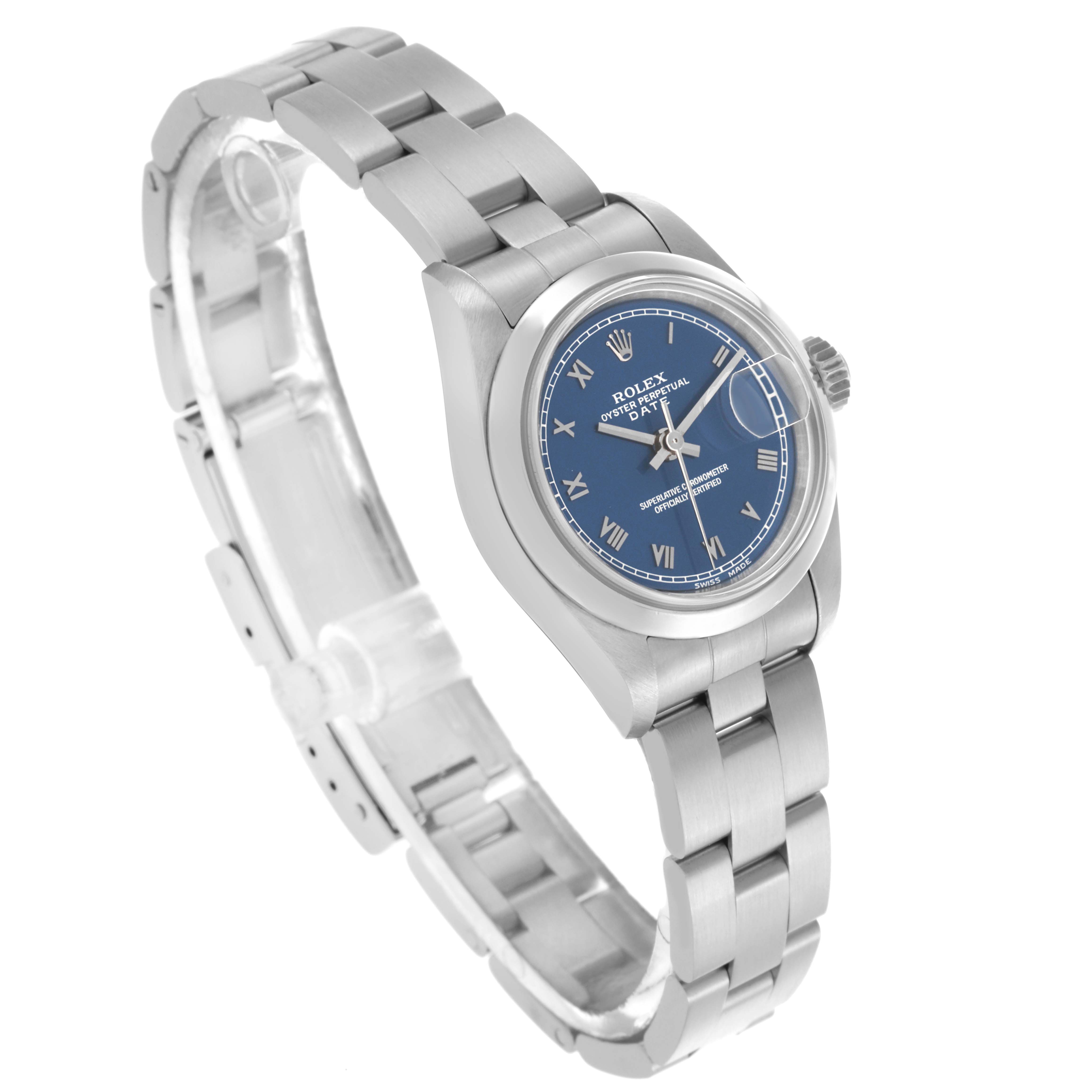 The Rolex Date 69160 Women's Stainless Steel Blue Dial 69160 Women's Stainless Steel Blue Dial watch is shown at a three-quarter angle, featuring the bracelet, bezel, and blue dial with Roman numerals.