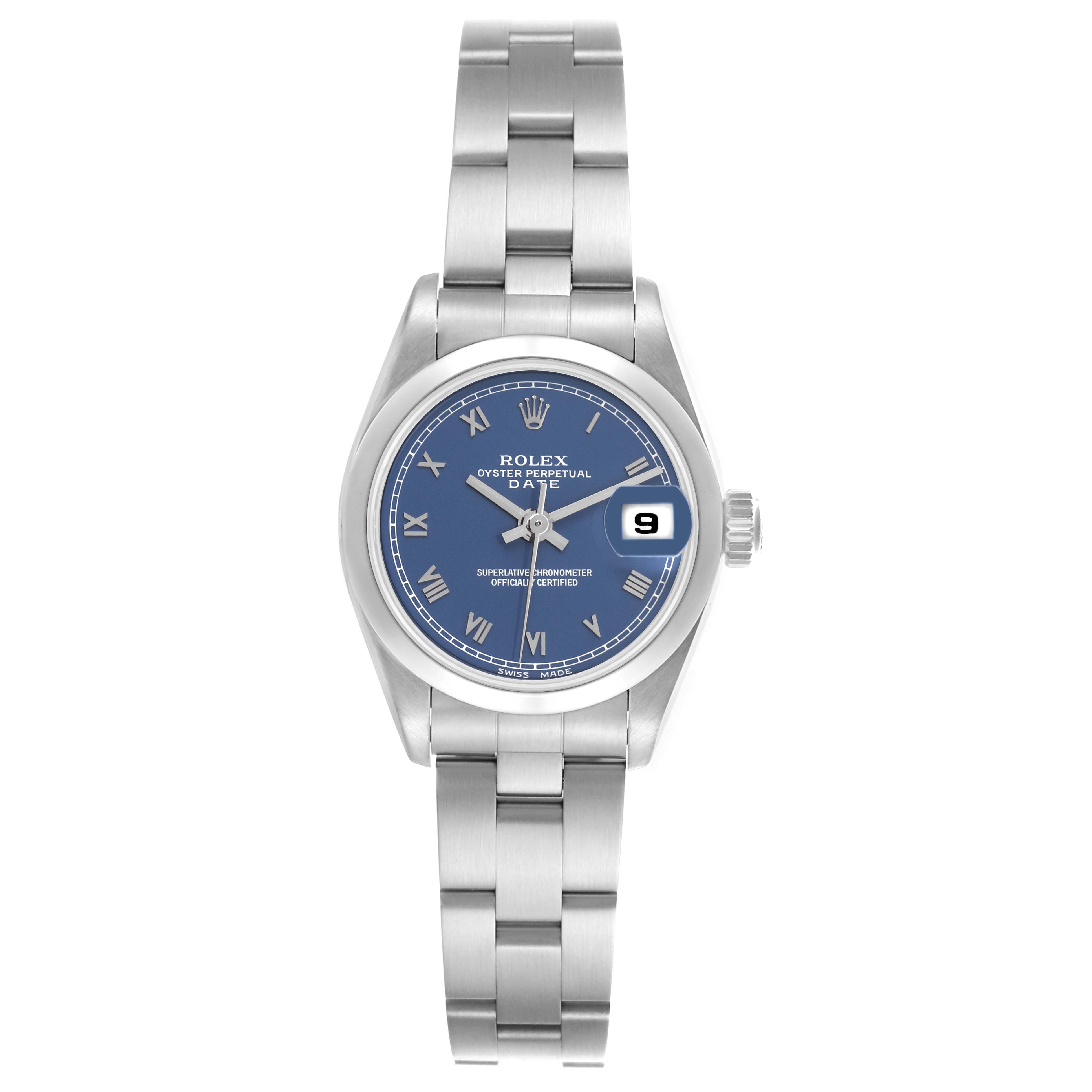 The Rolex Date 69160 Women's Stainless Steel Blue Dial 69160 Women's Stainless Steel Blue Dial watch is shown from a top view, displaying its face, bezel, bracelet, crown, and date window.