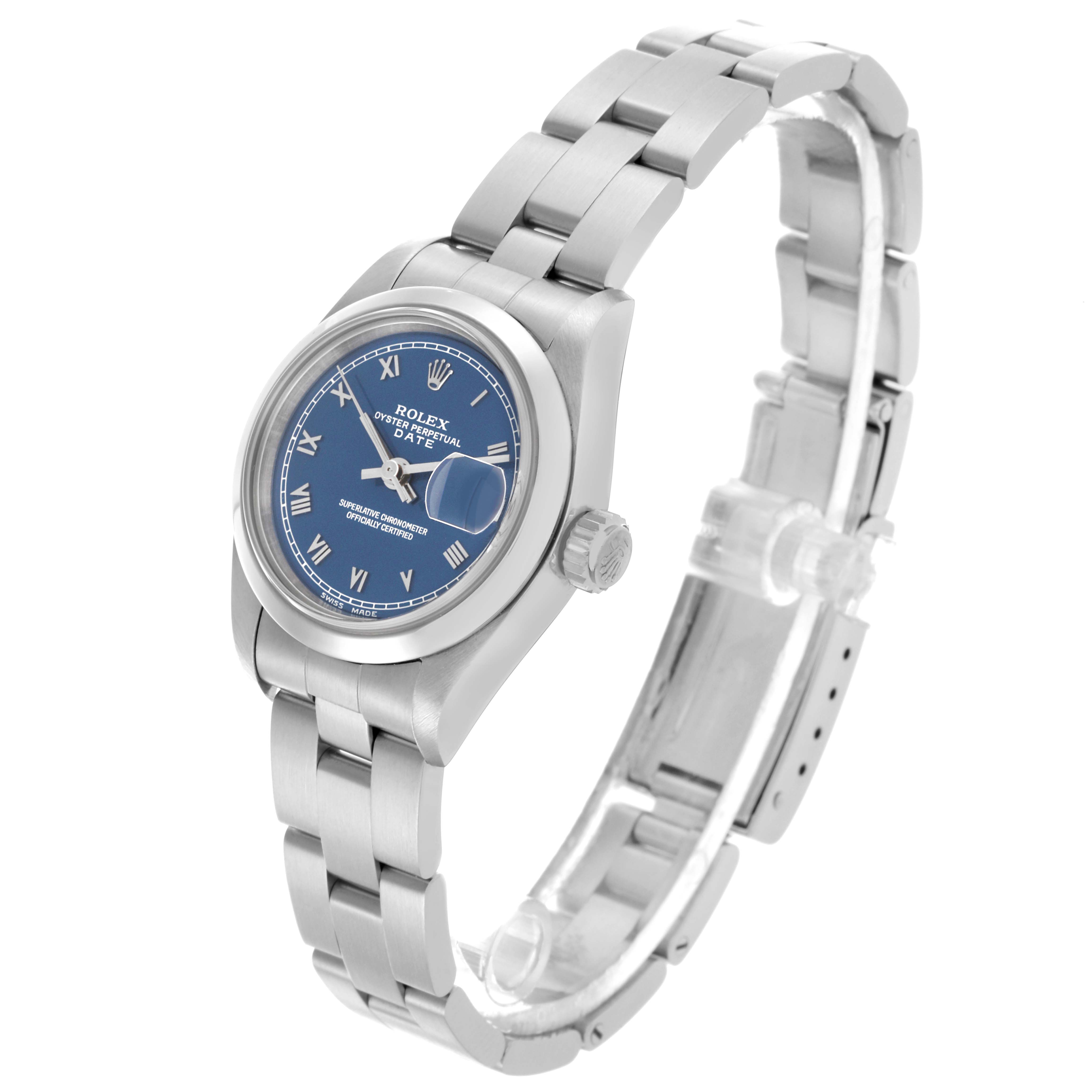 The Rolex Date 69160 Women's Stainless Steel Blue Dial 69160 Women's Stainless Steel Blue Dial watch is shown at a three-quarter angle, highlighting the face, crown, and full bracelet.