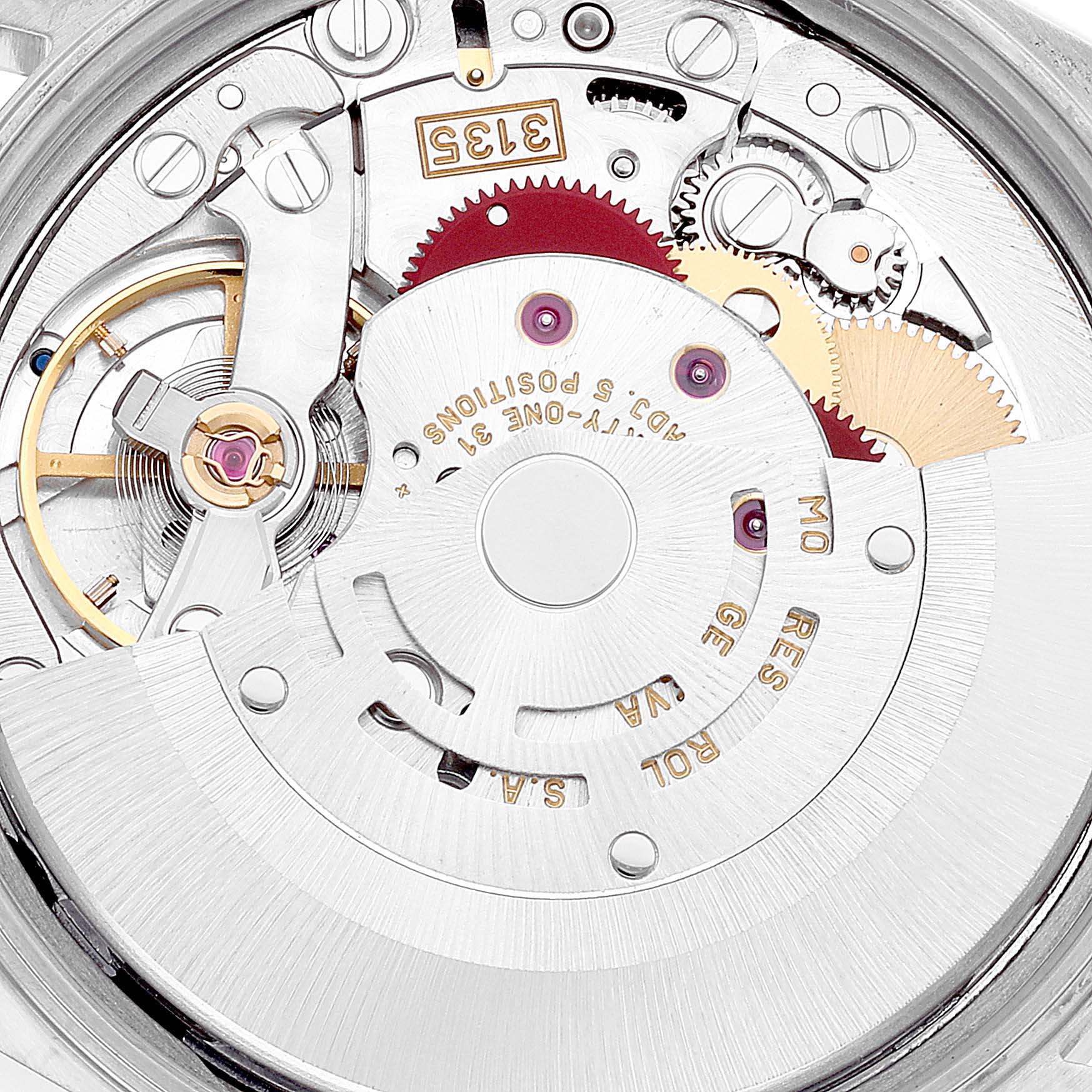 This image shows a close-up of the movement mechanism of a Rolex Date 15210 Men
s Stainless Steel Silver Dial 15210 Men
s Stainless Steel Silver Dial model watch, highlighting gears and internal components.