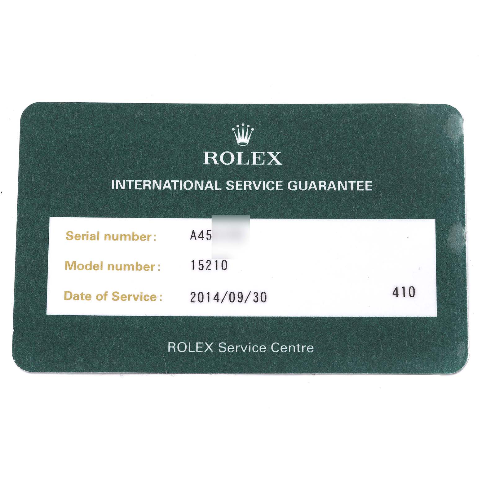 This image shows the front of a Rolex International Service Guarantee card for a Rolex Date 15210 Men
s Stainless Steel Silver Dial 15210 Men
s Stainless Steel Silver Dial model 15210.