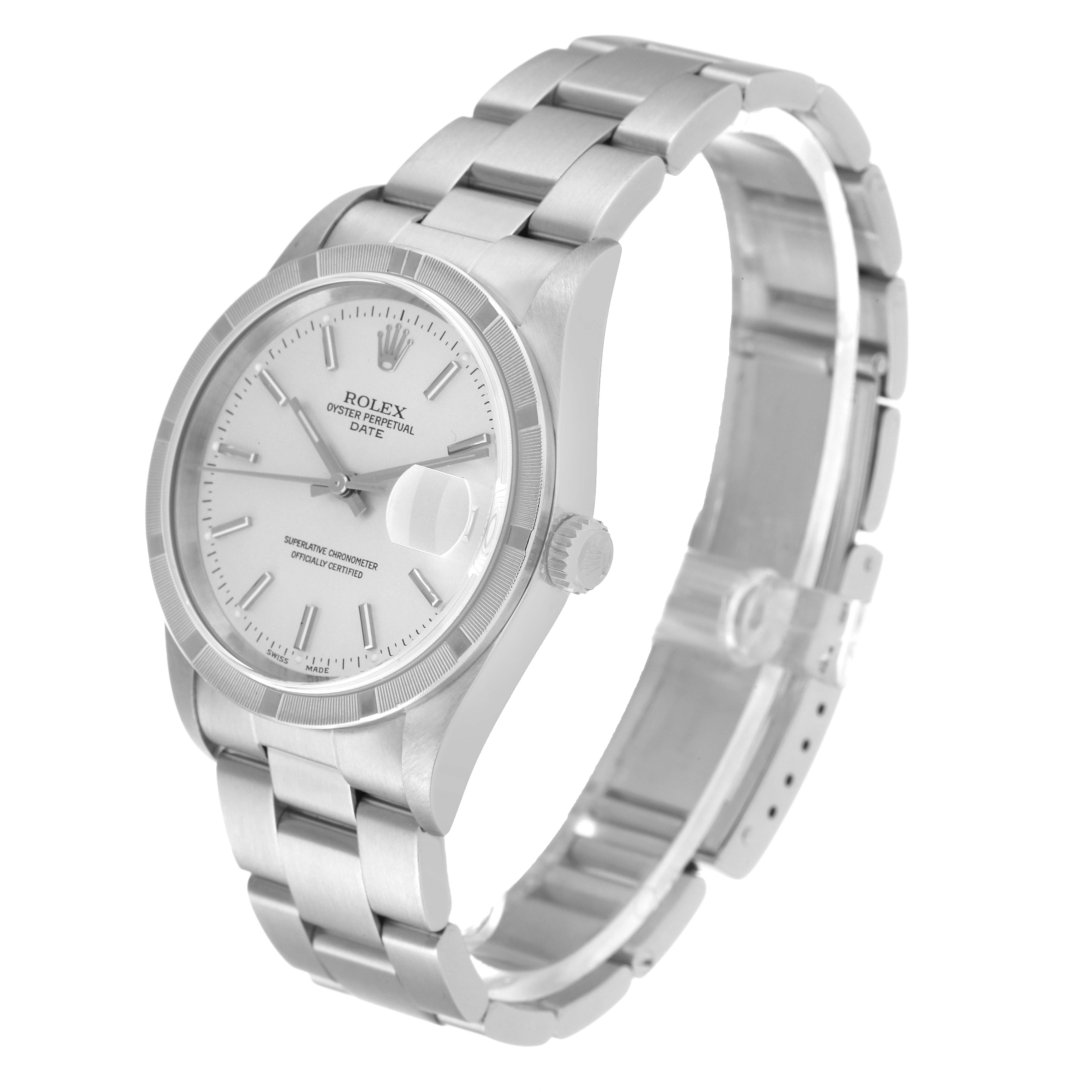 The image shows a side-angle view of a Rolex Date 15210 Men
s Stainless Steel Silver Dial 15210 Men
s Stainless Steel Silver Dial watch, highlighting its face, crown, and bracelet.