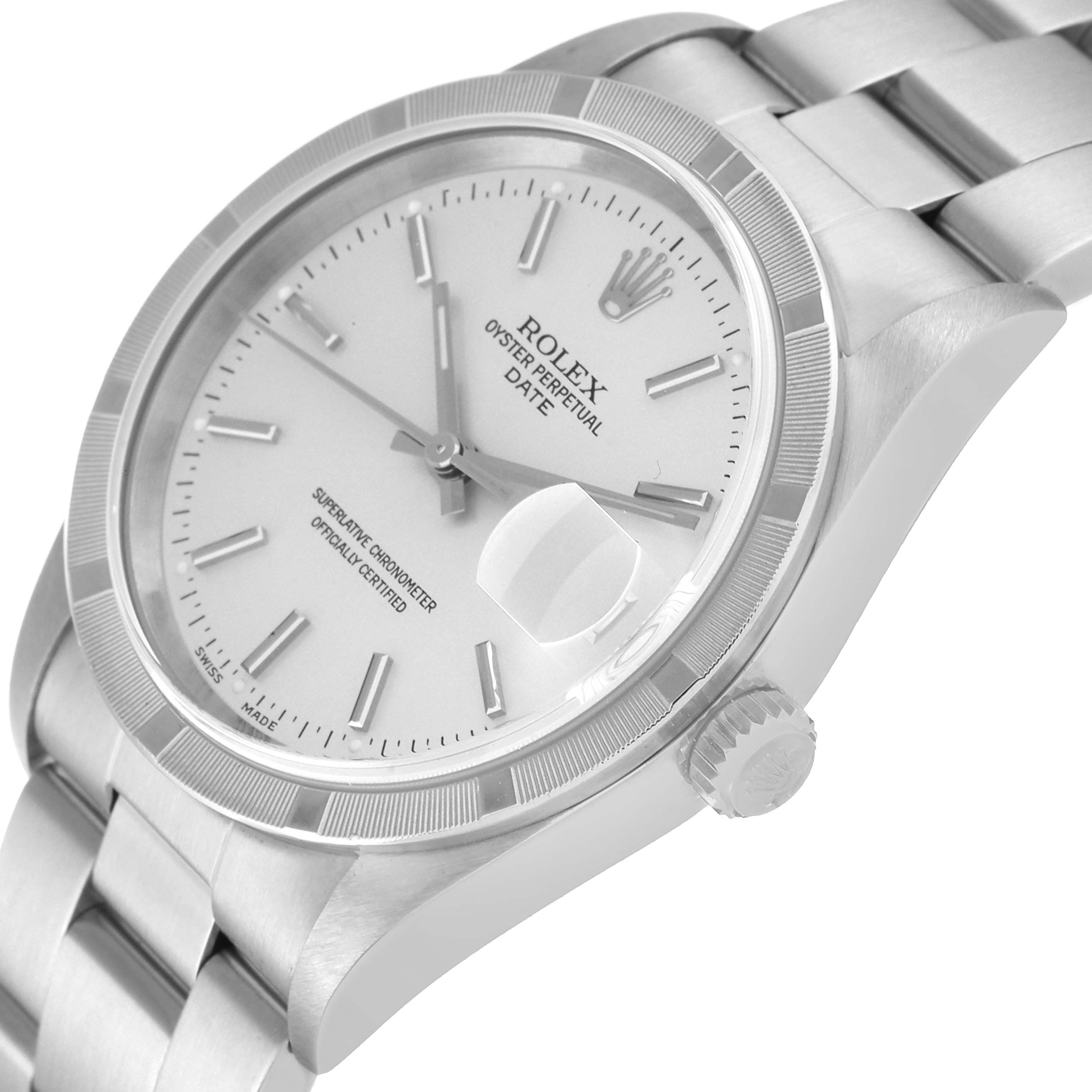 Rolex Date Silver Dial Steel Engine Turned Bezel Mens Watch 15210 SwissWatchExpo