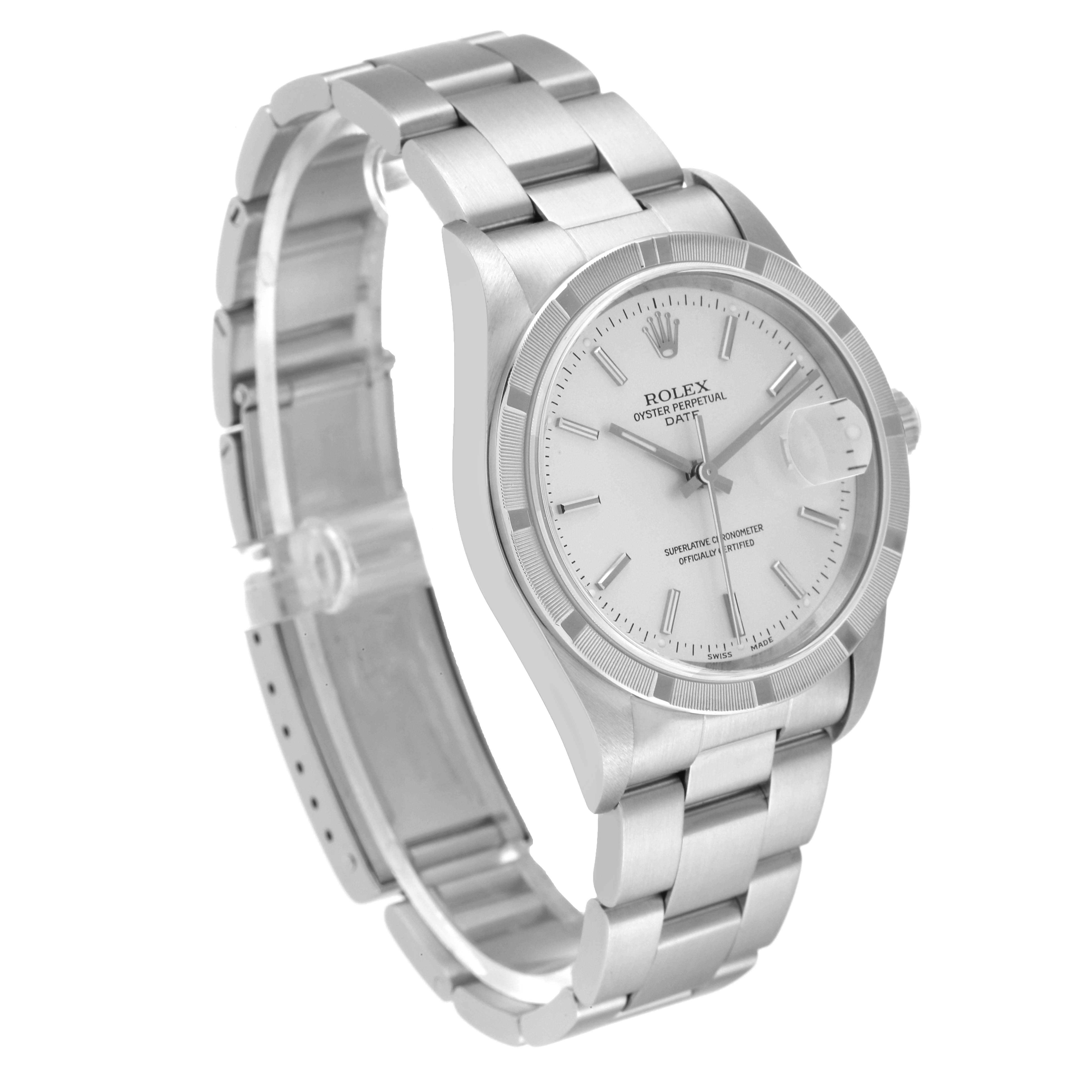 The image shows a Rolex Date 15210 Men
s Stainless Steel Silver Dial 15210 Men
s Stainless Steel Silver Dial model watch, featuring the face, bezel, and bracelet, viewed from a three-quarter angle.