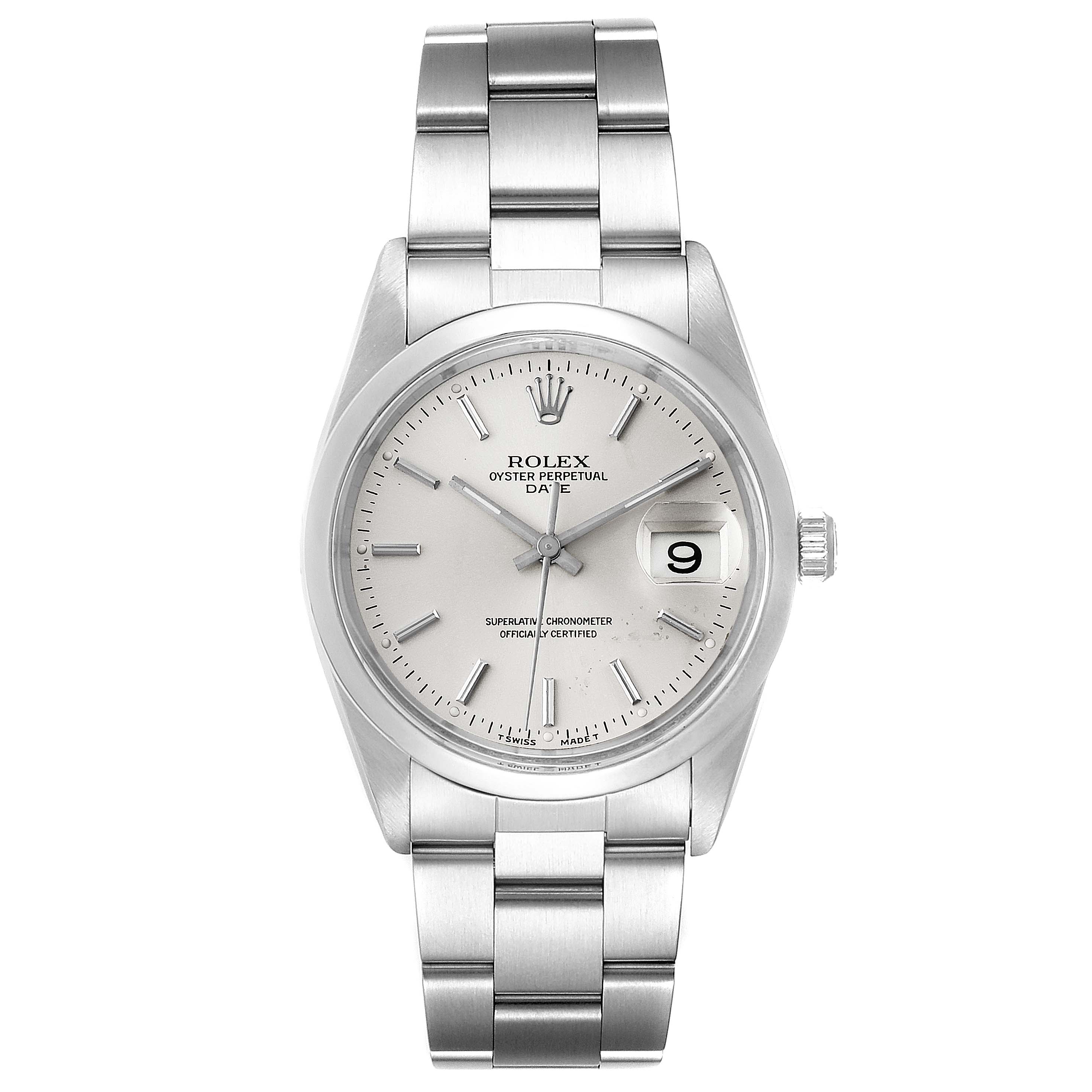 The Rolex Date 15200 Men's Stainless Steel Silver Dial 15200 Men's Stainless Steel Silver Dial watch is shown from a front angle, highlighting the dial, hands, date windows, and stainless steel bracelet.