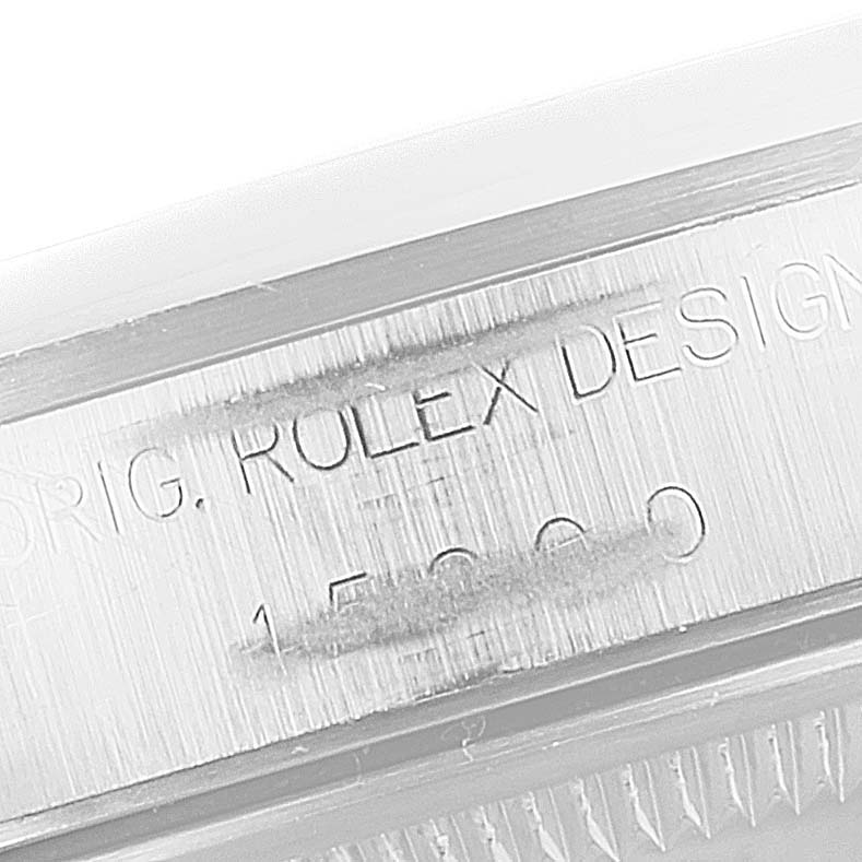 This image shows a close-up of the side engraving on a Rolex Date 15200 Men's Stainless Steel Silver Dial 15200 Men's Stainless Steel Silver Dial model watch case.