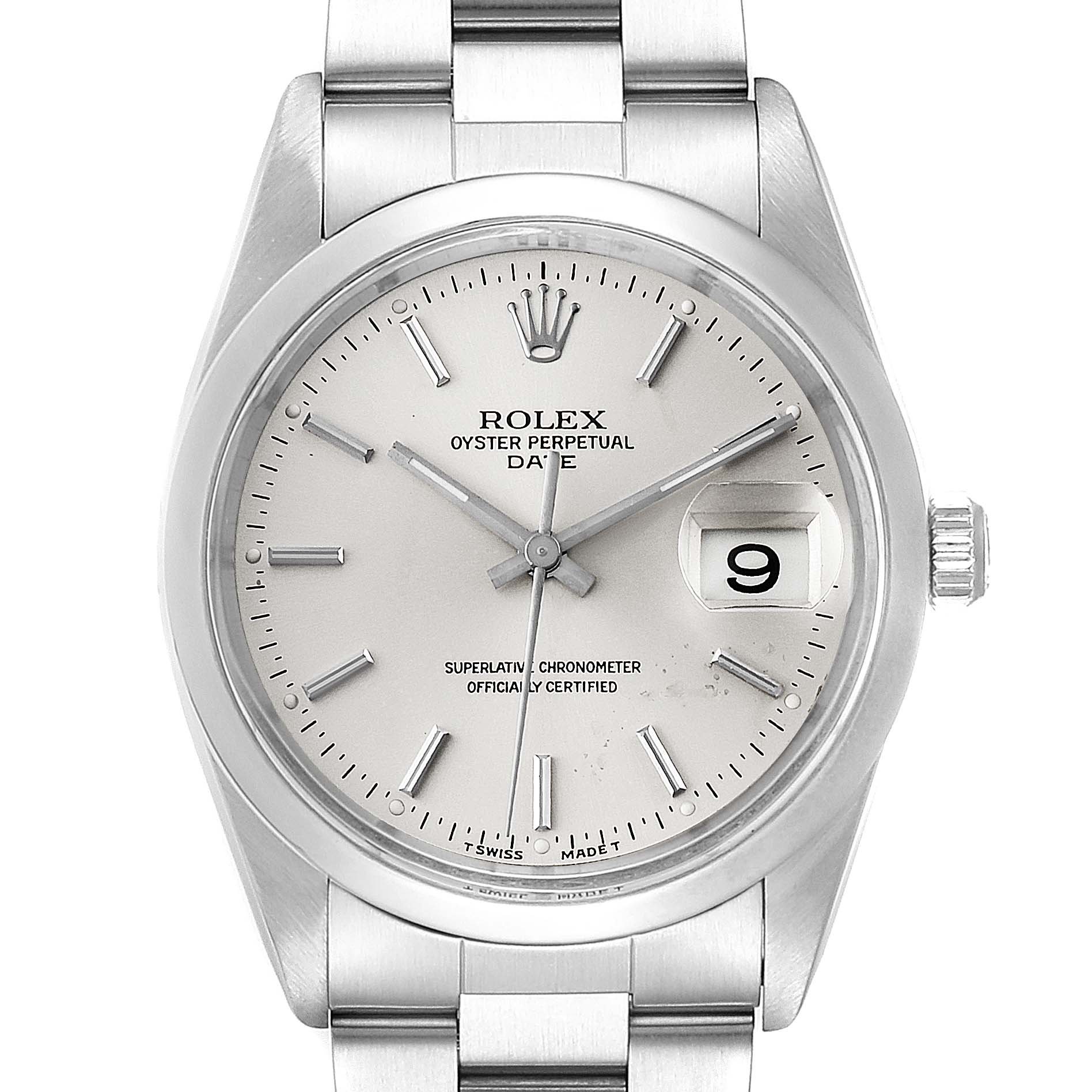 This image shows a front view of the Rolex Date 15200 Men's Stainless Steel Silver Dial 15200 Men's Stainless Steel Silver Dial model watch, featuring its dial, hour markers, hands, date window, and part of the bracelet.