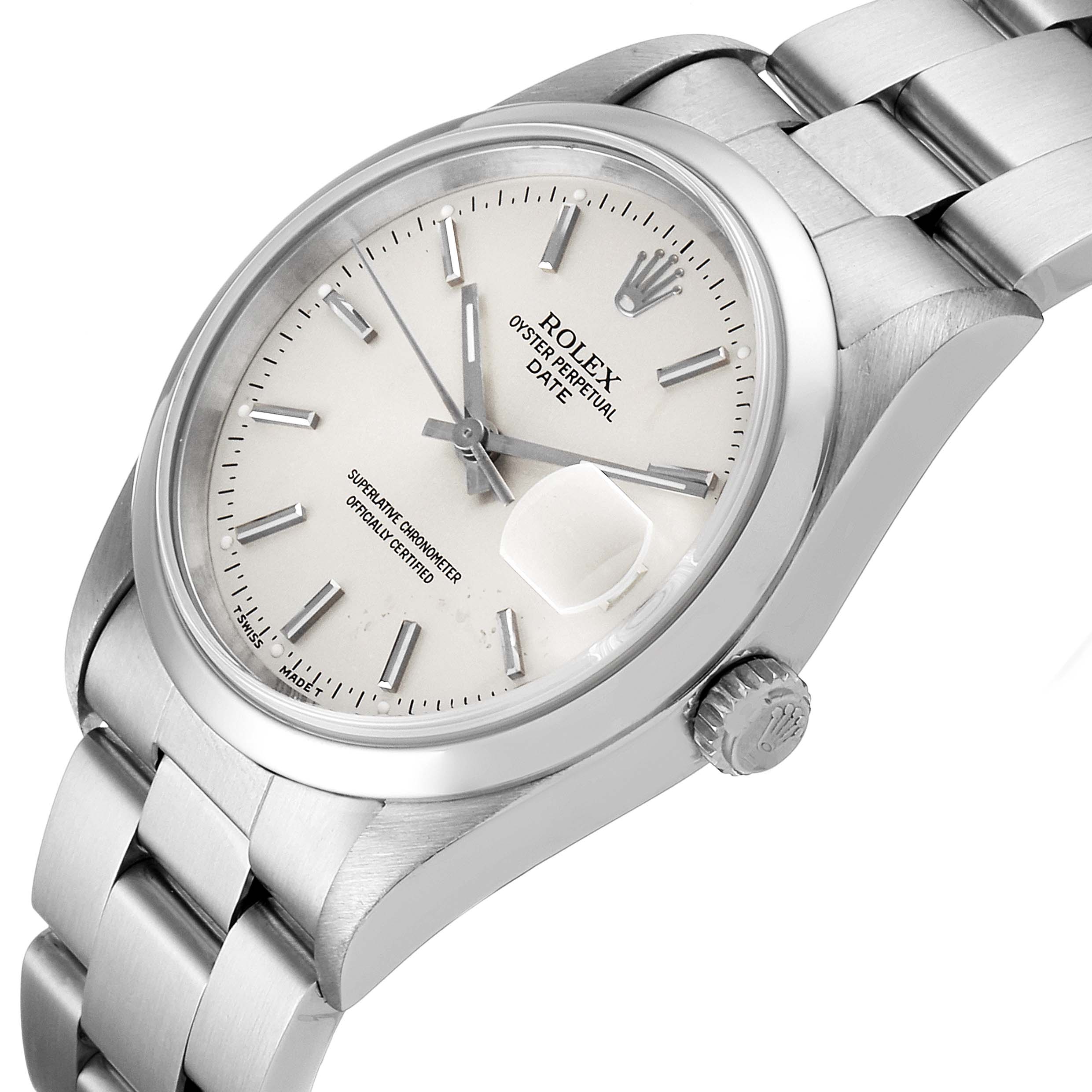 The image shows a tilted view of the Rolex Oyster Perpetual Date watch, highlighting the face, crown, and part of the bracelet.
