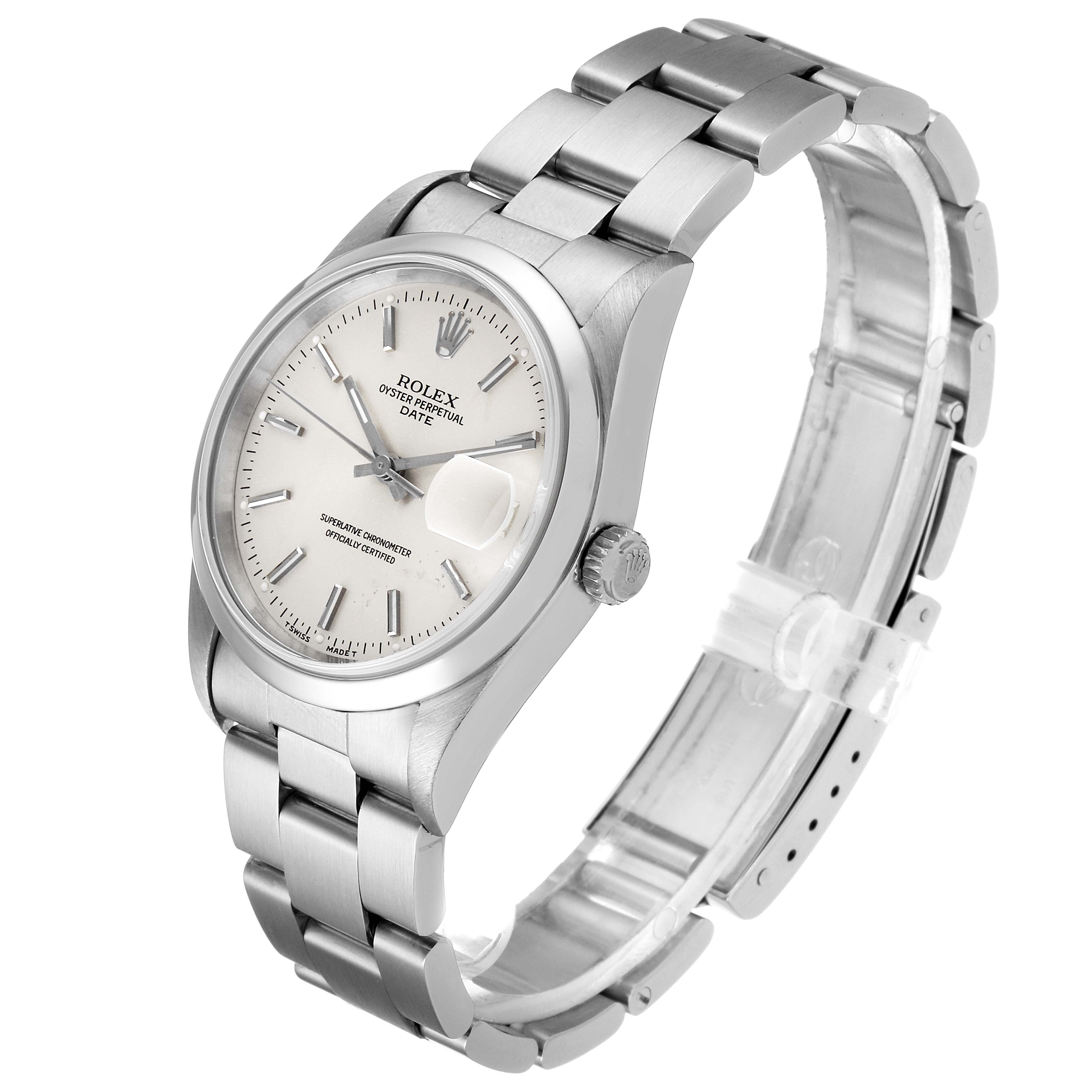 The image shows a Rolex Date 15200 Men's Stainless Steel Silver Dial 15200 Men's Stainless Steel Silver Dial model watch at a three-quarter angle, displaying the face, bezel, and bracelet.