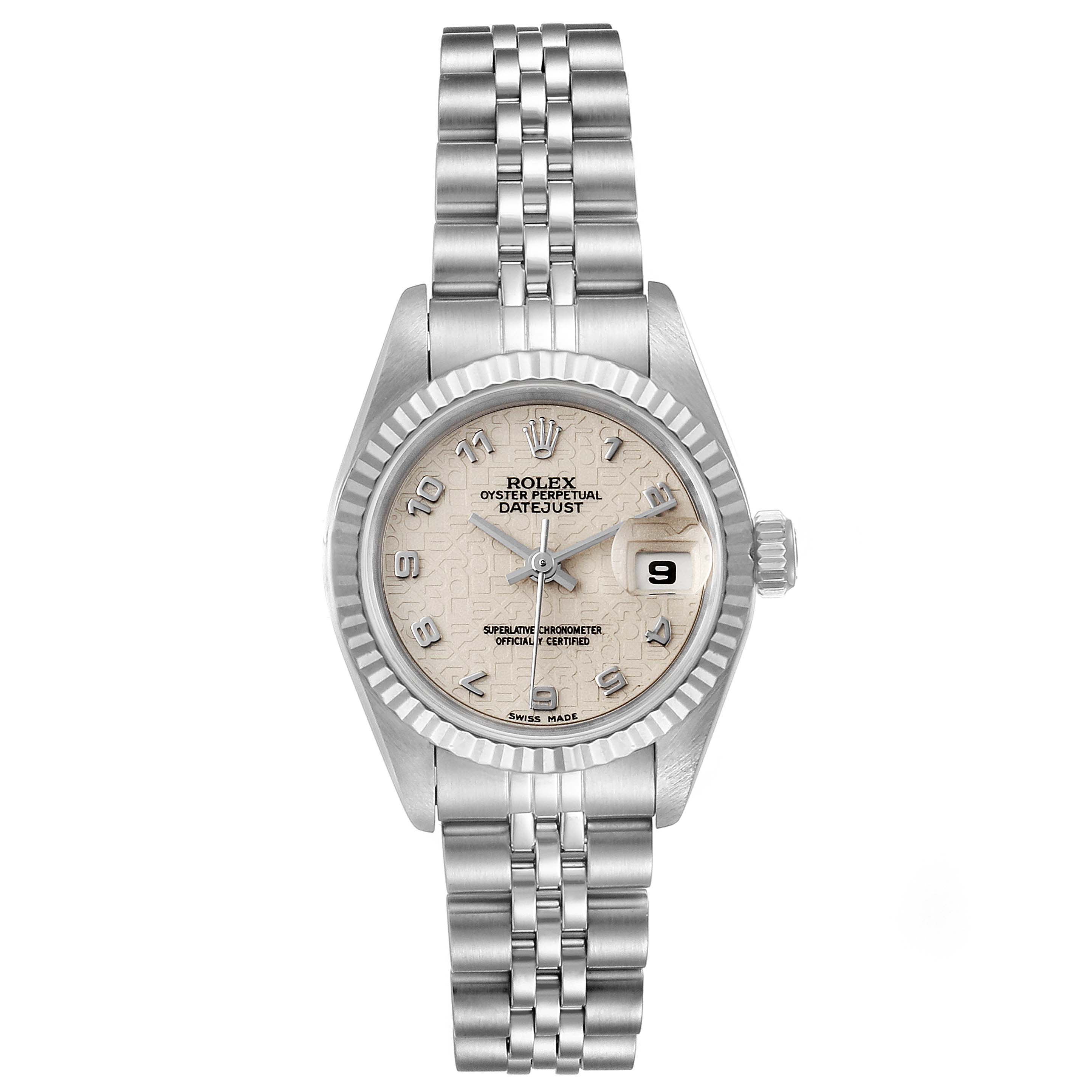 This image shows a front view of a Rolex Datejust 69174 Women's Stainless Steel Silver Dial 69174 Women's Stainless Steel Silver Dial watch, displaying the face, bezel, crown, and bracelet.