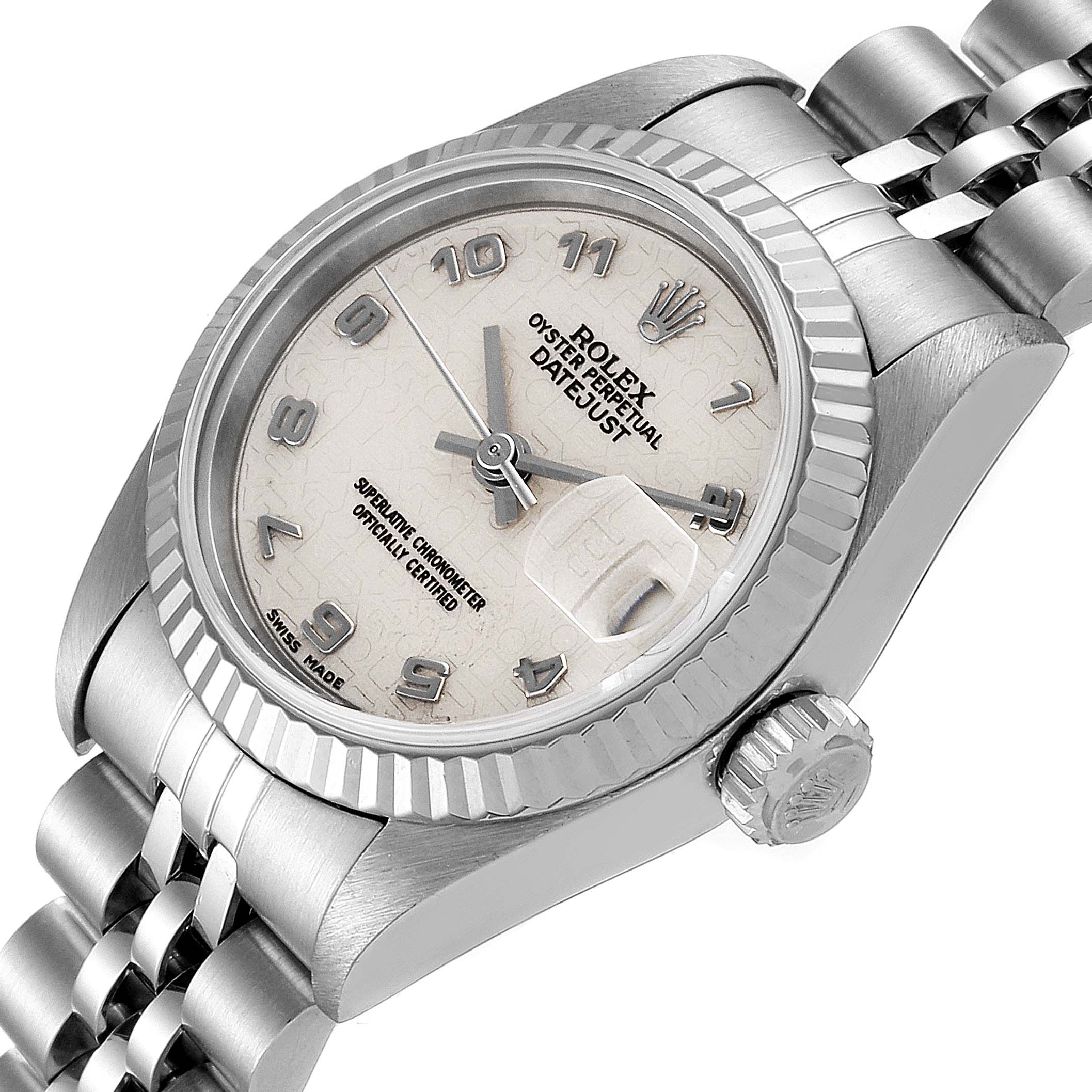 This image shows the Rolex Datejust 69174 Women's Stainless Steel Silver Dial 69174 Women's Stainless Steel Silver Dial watch at a slight angle, revealing the dial, fluted bezel, crown, and part of the bracelet.