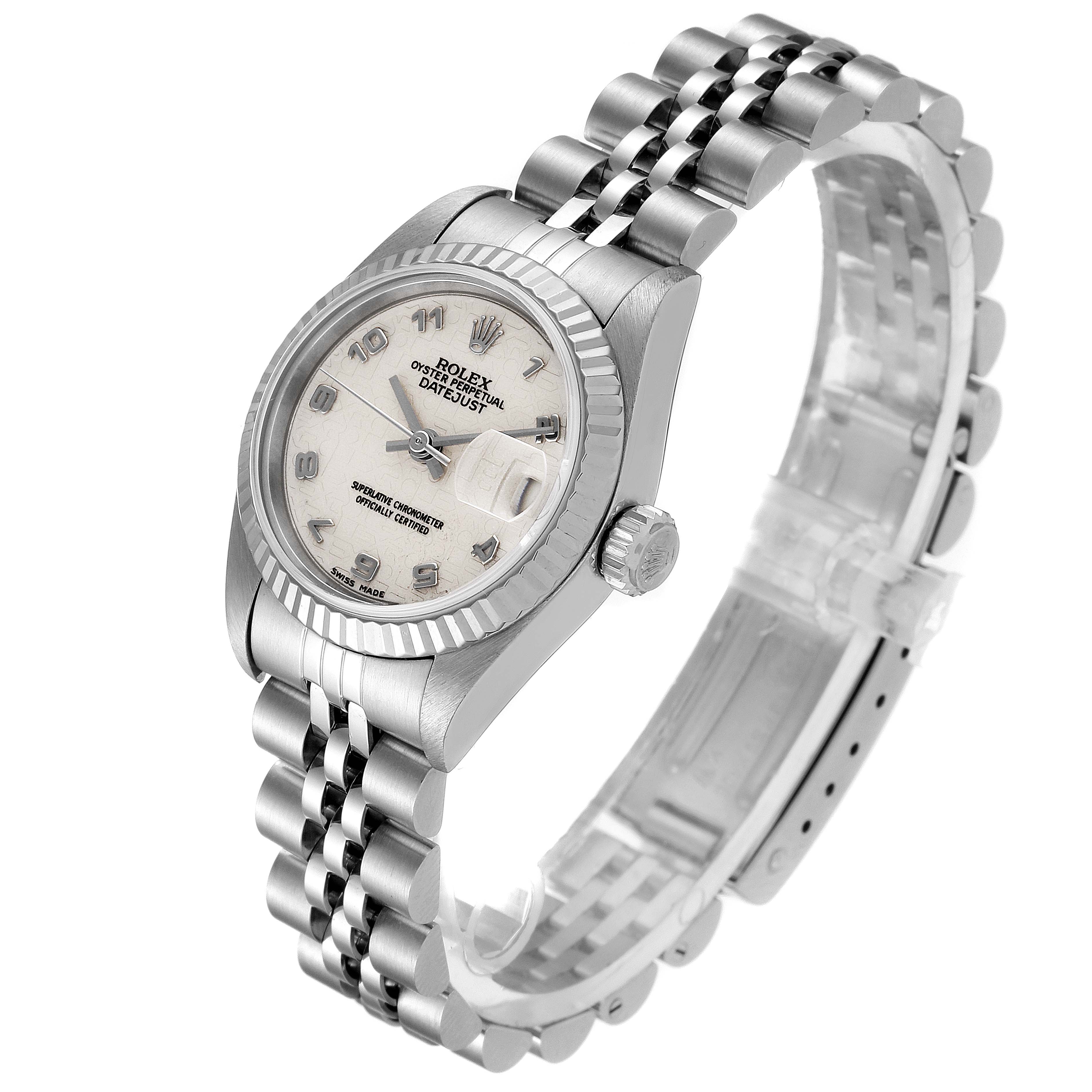 The Rolex Datejust 69174 Women's Stainless Steel Silver Dial 69174 Women's Stainless Steel Silver Dial watch is shown at a three-quarter angle, highlighting its face, bezel, crown, and bracelet.