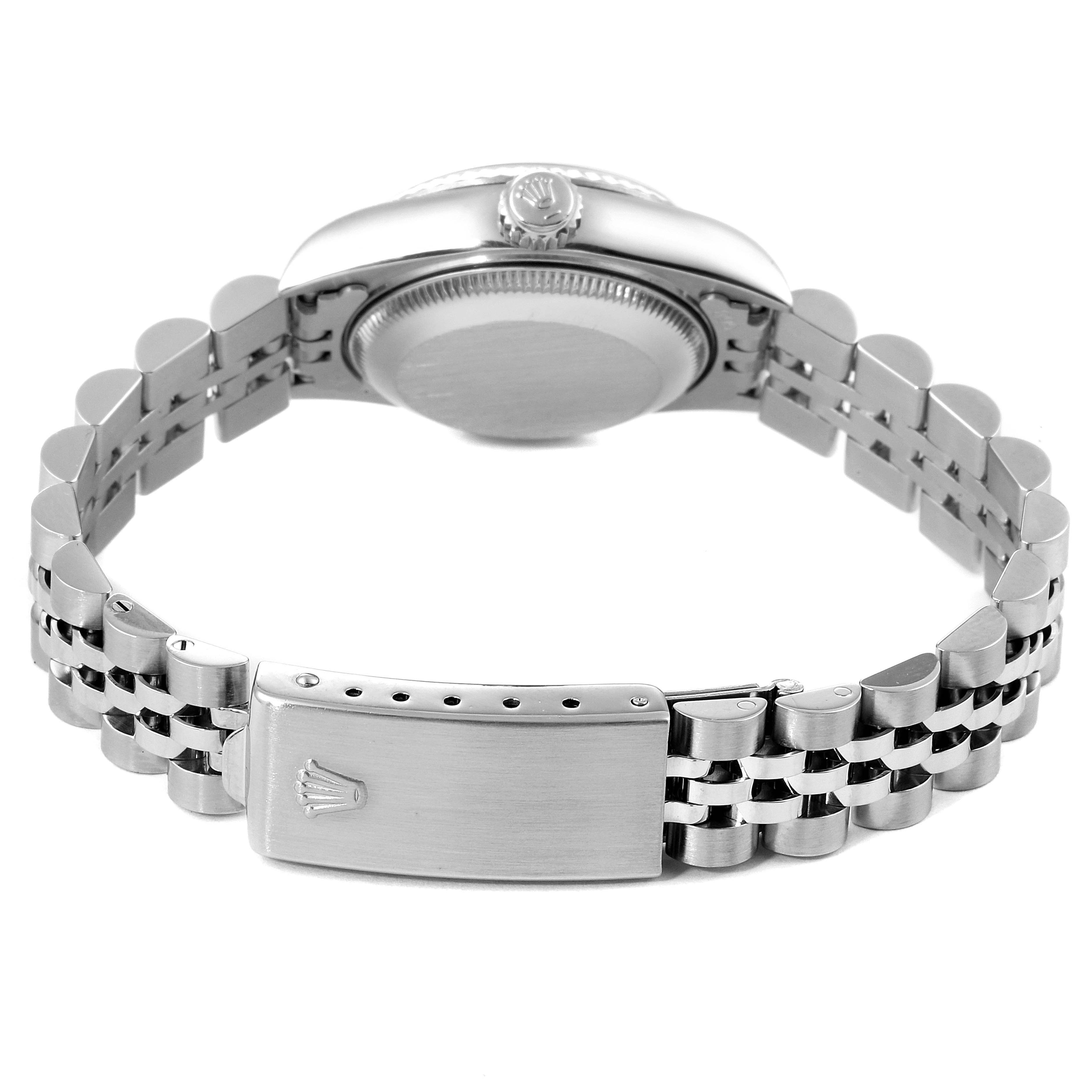This image shows the back and bracelet clasp of a Rolex Datejust 69174 Women's Stainless Steel Silver Dial 69174 Women's Stainless Steel Silver Dial watch from a horizontal angle.