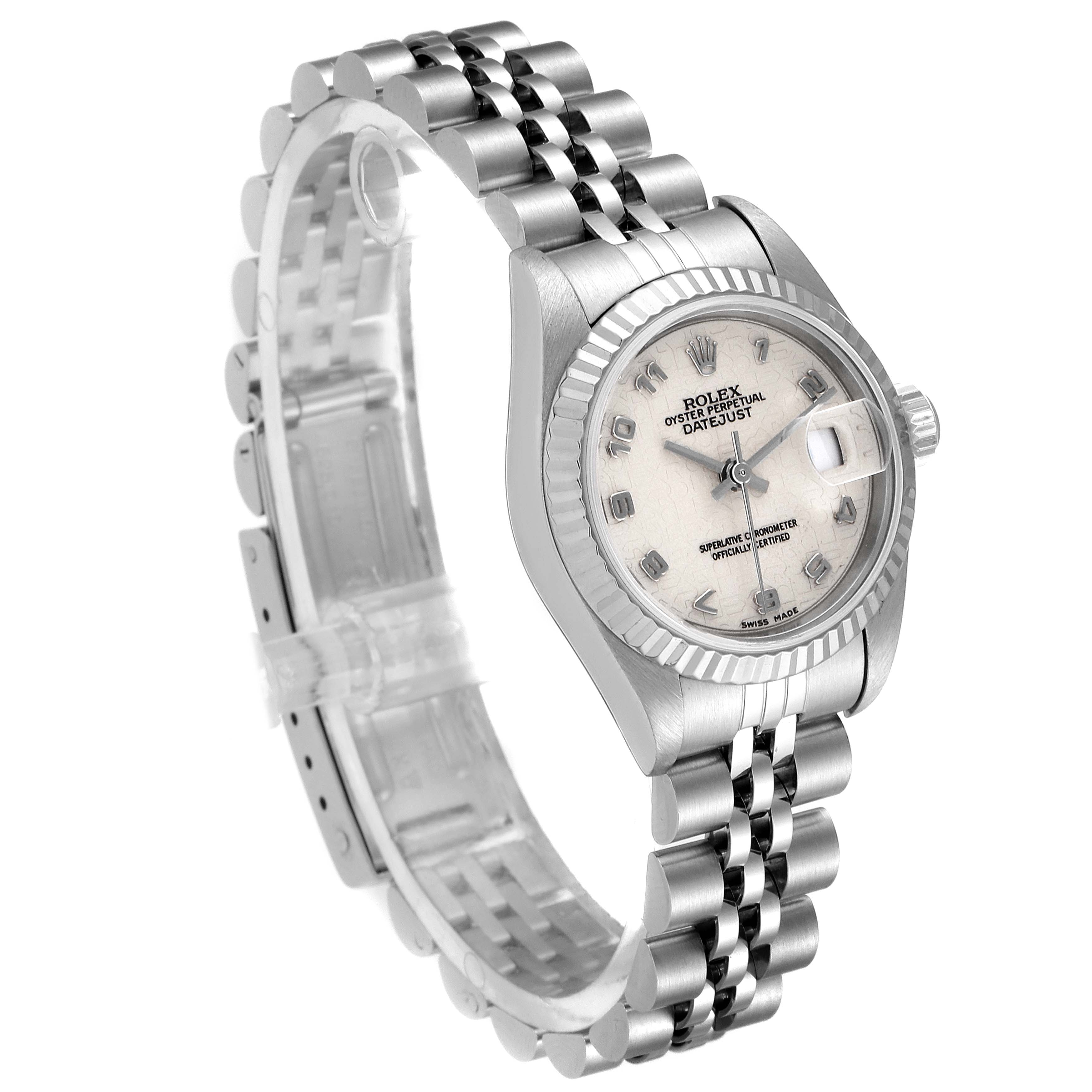 The Rolex Datejust 69174 Women's Stainless Steel Silver Dial 69174 Women's Stainless Steel Silver Dial watch is shown at an angled profile, displaying the face, bezel, bracelet, and clasp.
