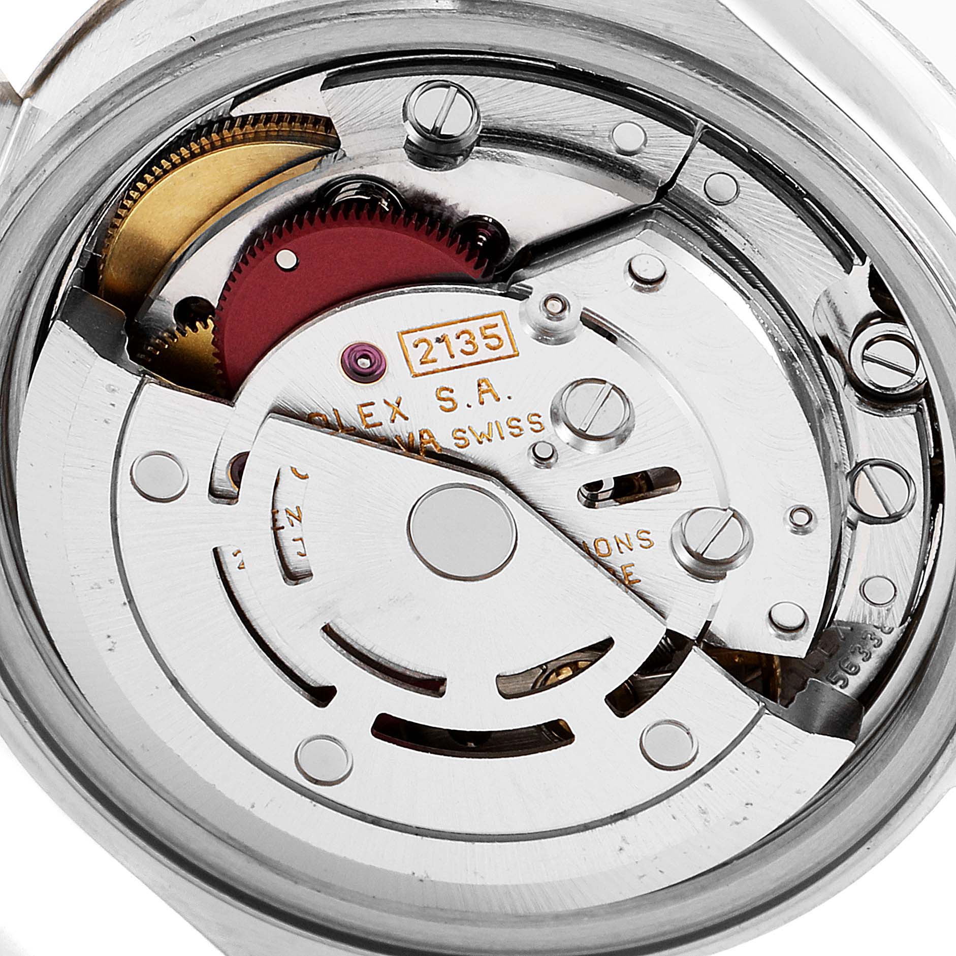 This image shows the internal movement components of a Rolex Datejust 69174 Women's Stainless Steel Silver Dial 69174 Women's Stainless Steel Silver Dial watch from a rear angle.