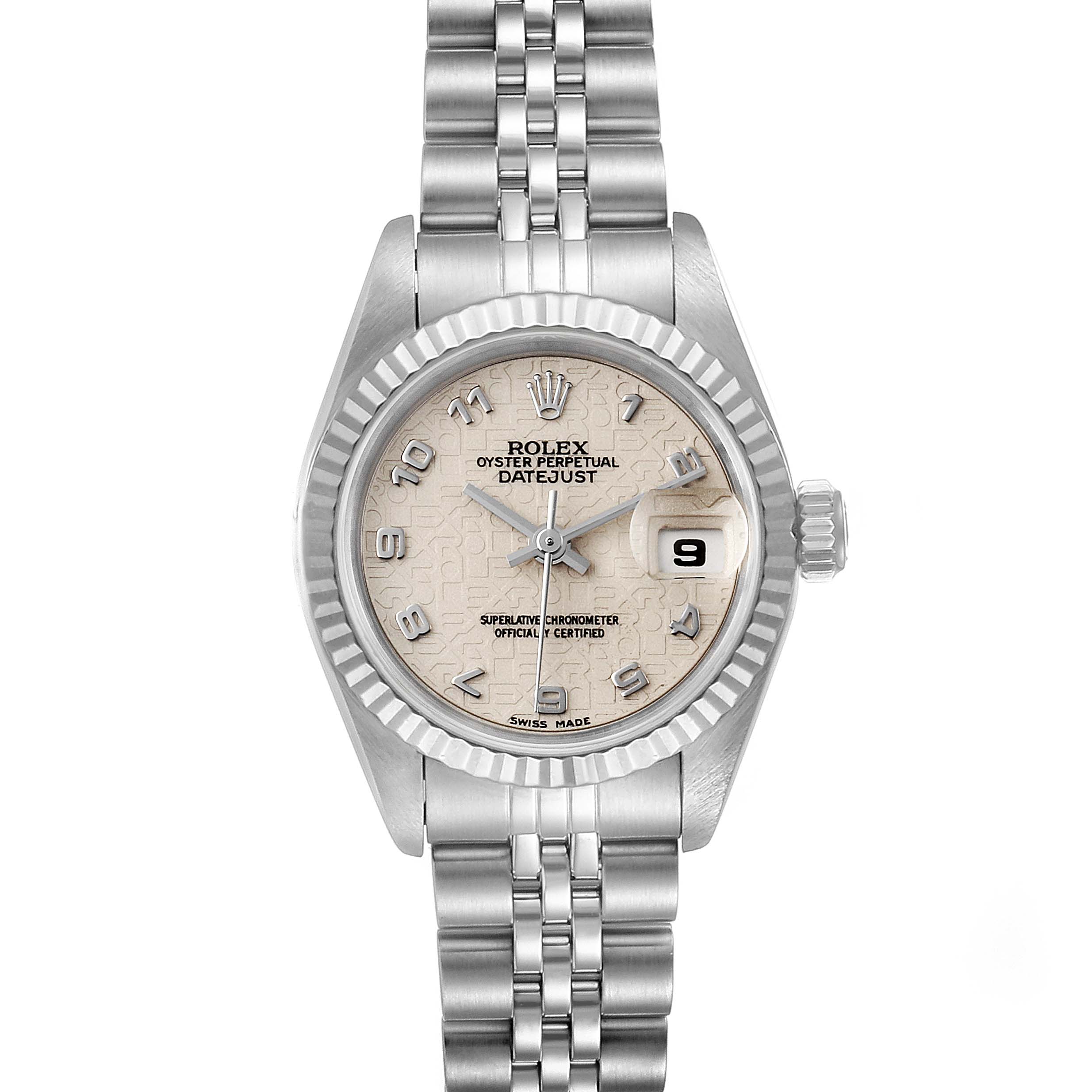 The Rolex Datejust 69174 Women's Stainless Steel Silver Dial 69174 Women's Stainless Steel Silver Dial watch is shown from the front, displaying the dial, fluted bezel, and Jubilee bracelet.