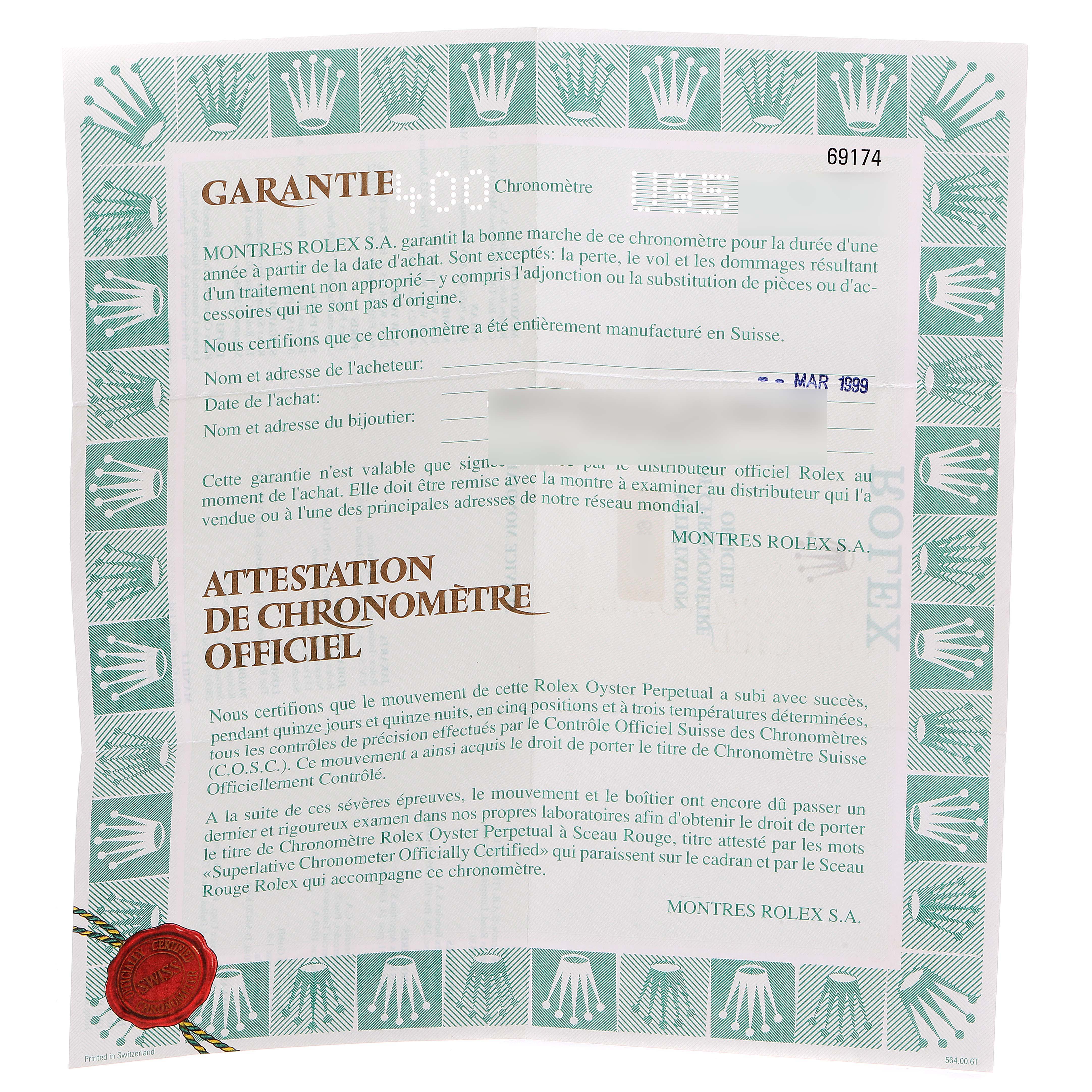 The image shows a warranty and official chronometer certification for a Rolex Datejust 69174 Women's Stainless Steel Pink Dial 69174 Women's Stainless Steel Pink Dial model, viewed from the front.