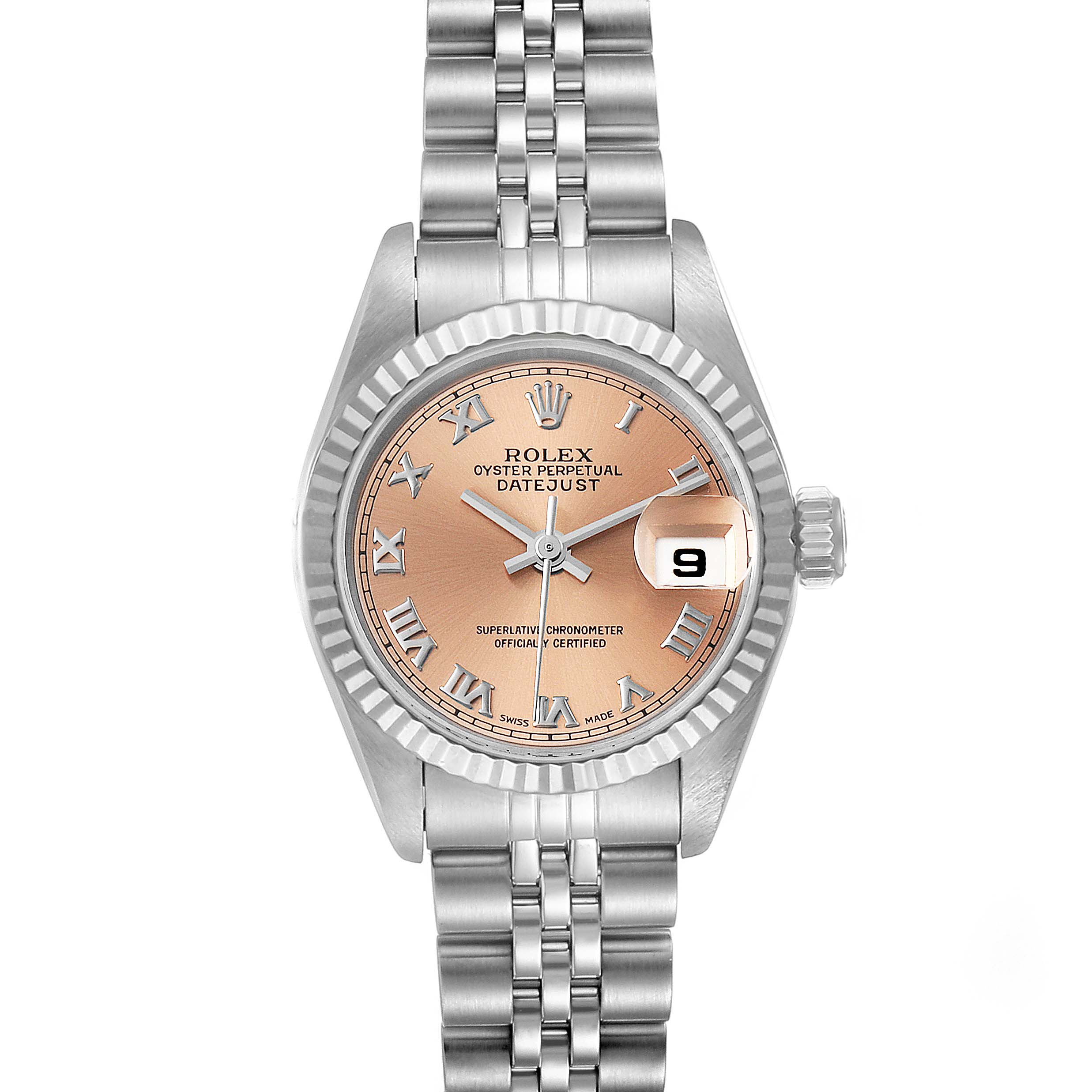 The Rolex Datejust 69174 Women's Stainless Steel Pink Dial 69174 Women's Stainless Steel Pink Dial watch is shown from a top-down angle, displaying the face, bezel, bracelet, and date window.