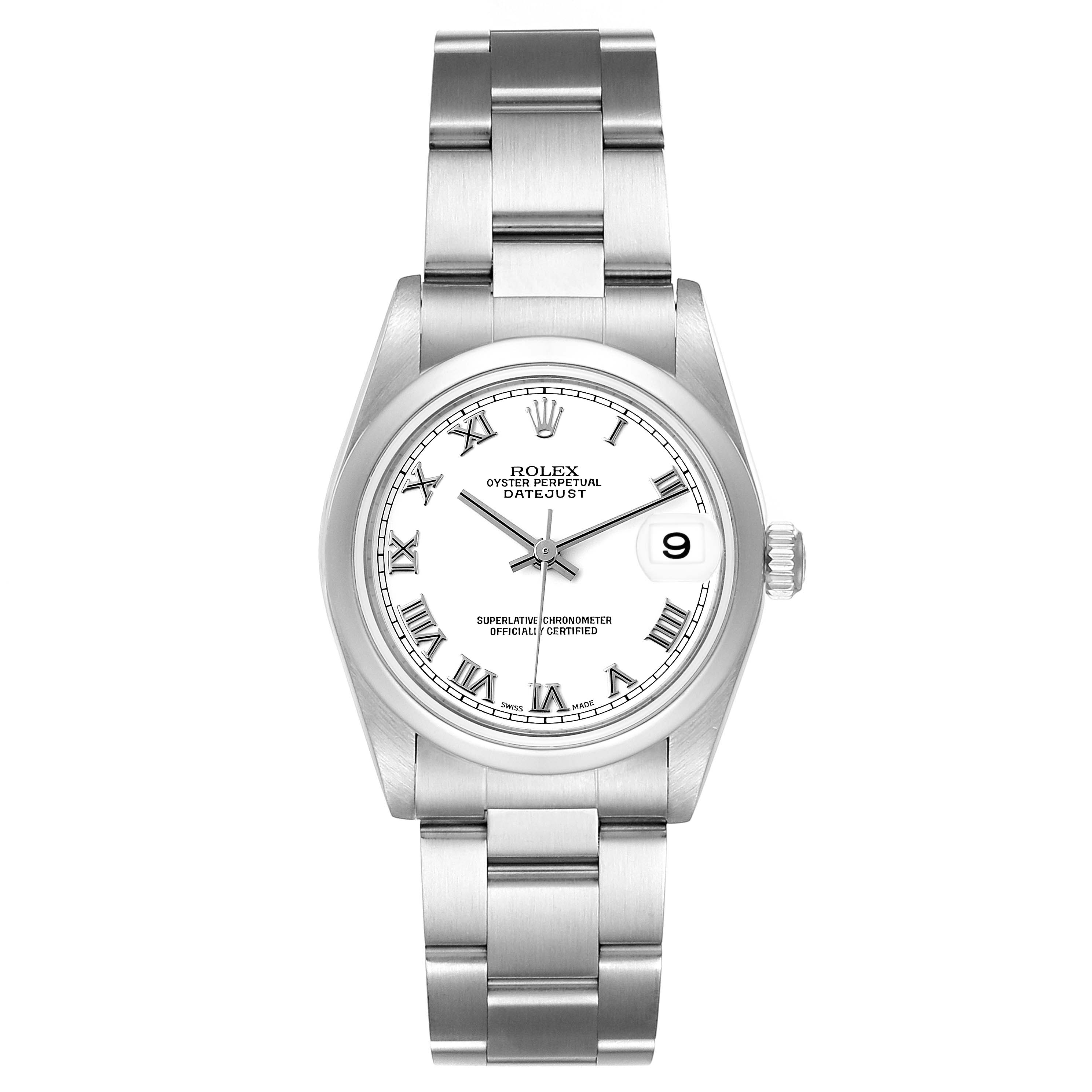 This image shows a Rolex Mid-Size 78240 Women's Stainless Steel White Dial 78240 Women's Stainless Steel White Dial Oyster Perpetual Datejust watch from a front view, displaying the dial, bracelet, and the date feature.