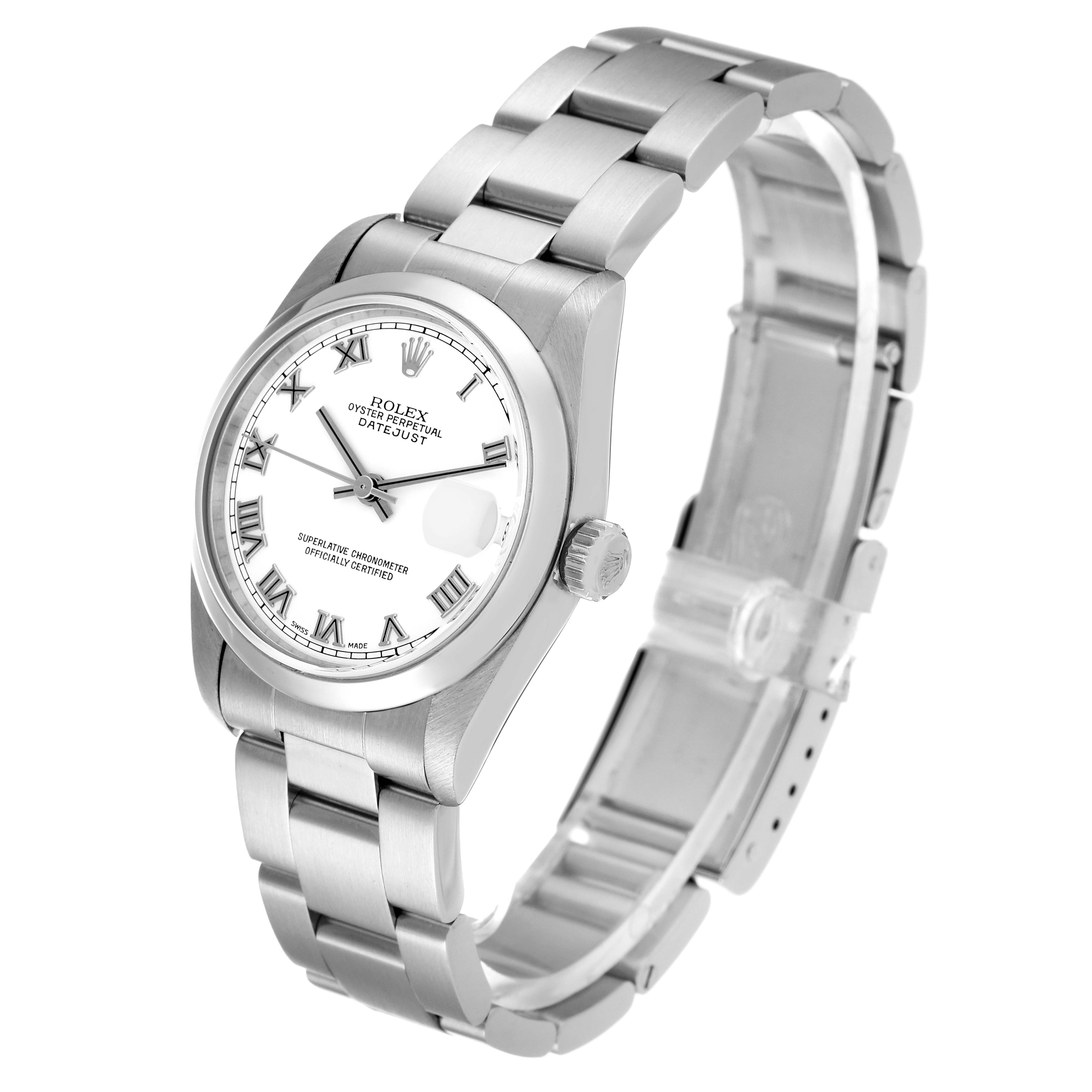 The Rolex Mid-Size 78240 Women's Stainless Steel White Dial 78240 Women's Stainless Steel White Dial Datejust watch is shown at an angled top view, displaying its bracelet, crown, and watch face with Roman numerals.