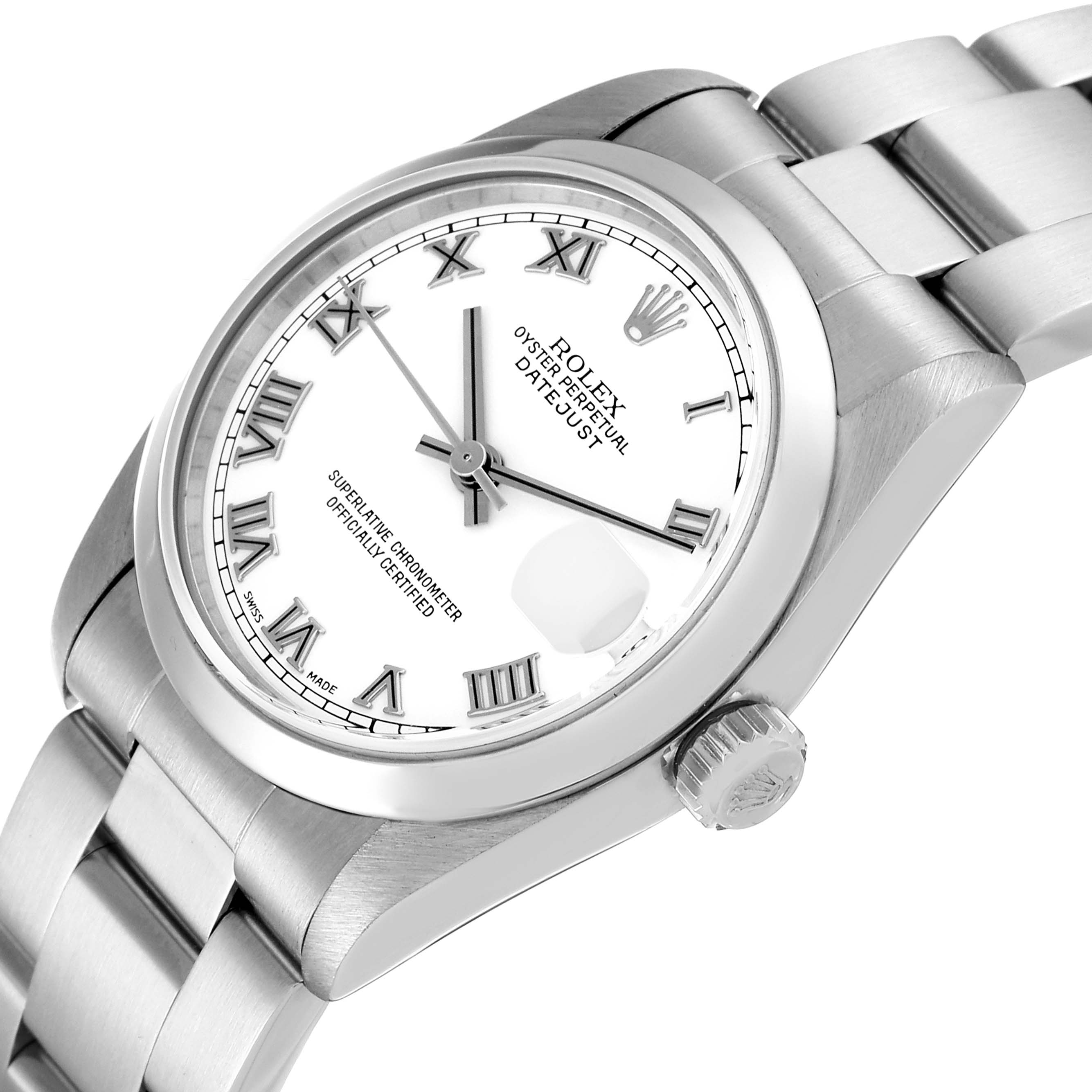 The image shows a Rolex Mid-Size 78240 Women's Stainless Steel White Dial 78240 Women's Stainless Steel White Dial Datejust watch at an angled close-up, highlighting the dial, bracelet, crown, and case.