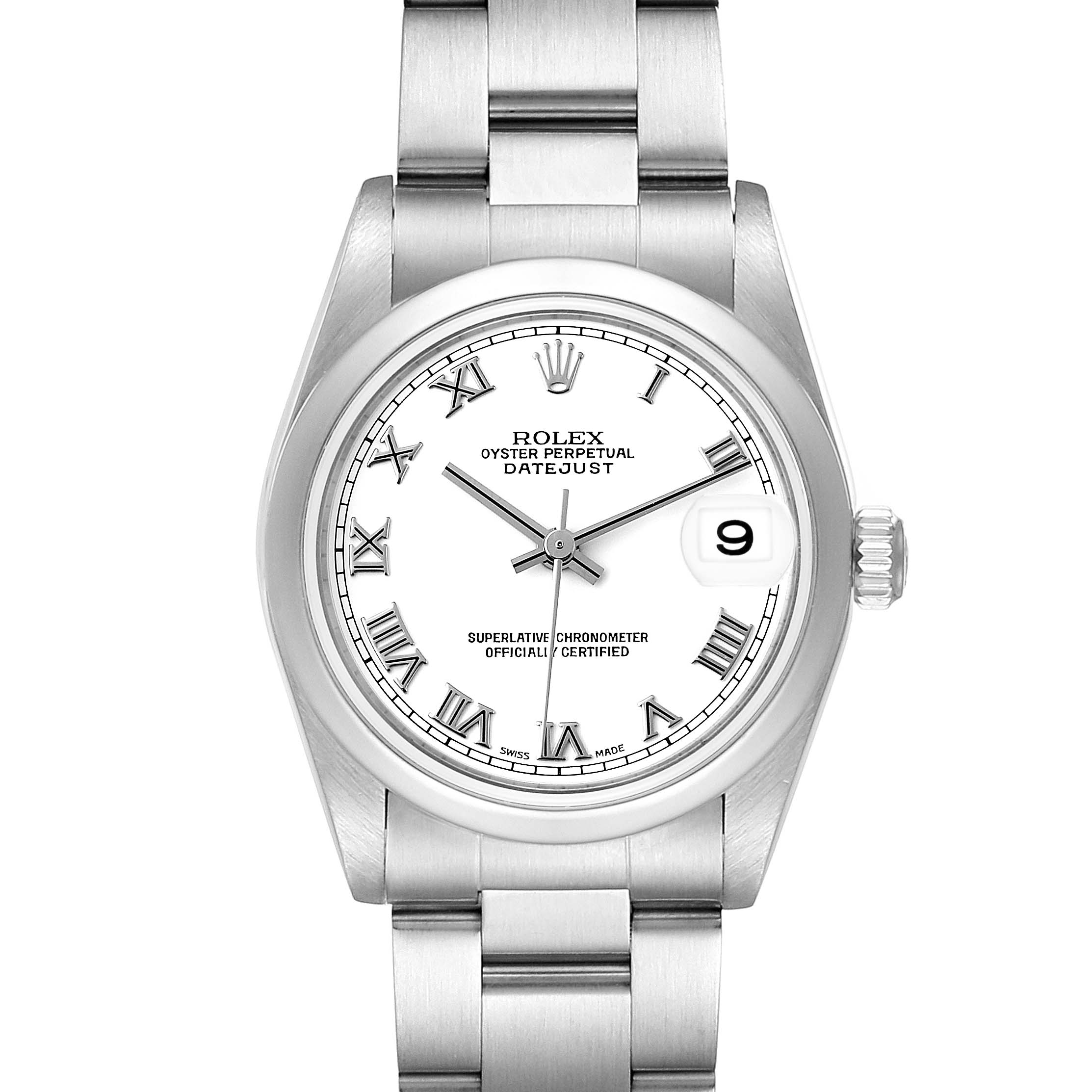 This image shows the front view of a Rolex Mid-Size 78240 Women's Stainless Steel White Dial 78240 Women's Stainless Steel White Dial Oyster Perpetual Datejust watch, displaying the dial, bezel, and bracelet.