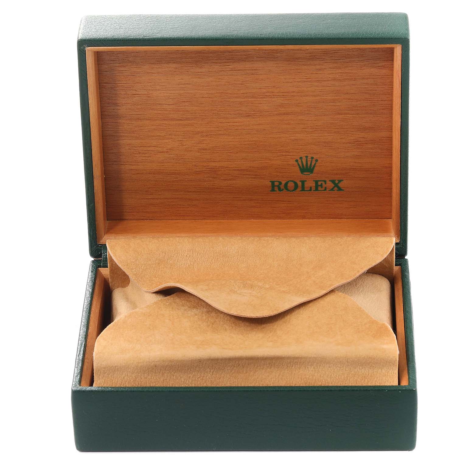 This is an open Rolex watch box for the Mid-Size model, showing the interior lining and branding.
