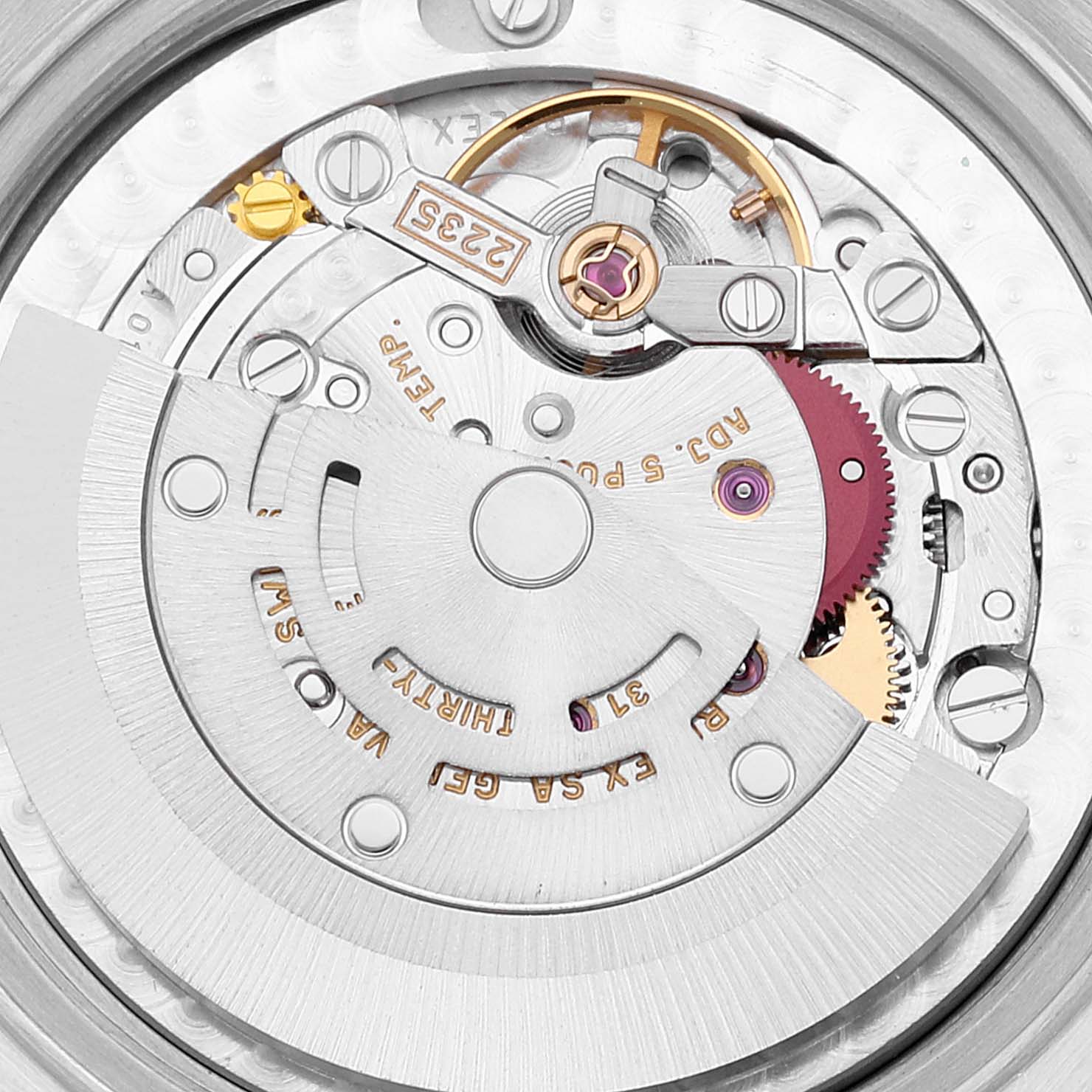 This image depicts the intricate movement mechanism from the back side of a Rolex Mid-Size 78240 Women's Stainless Steel White Dial 78240 Women's Stainless Steel White Dial model watch.
