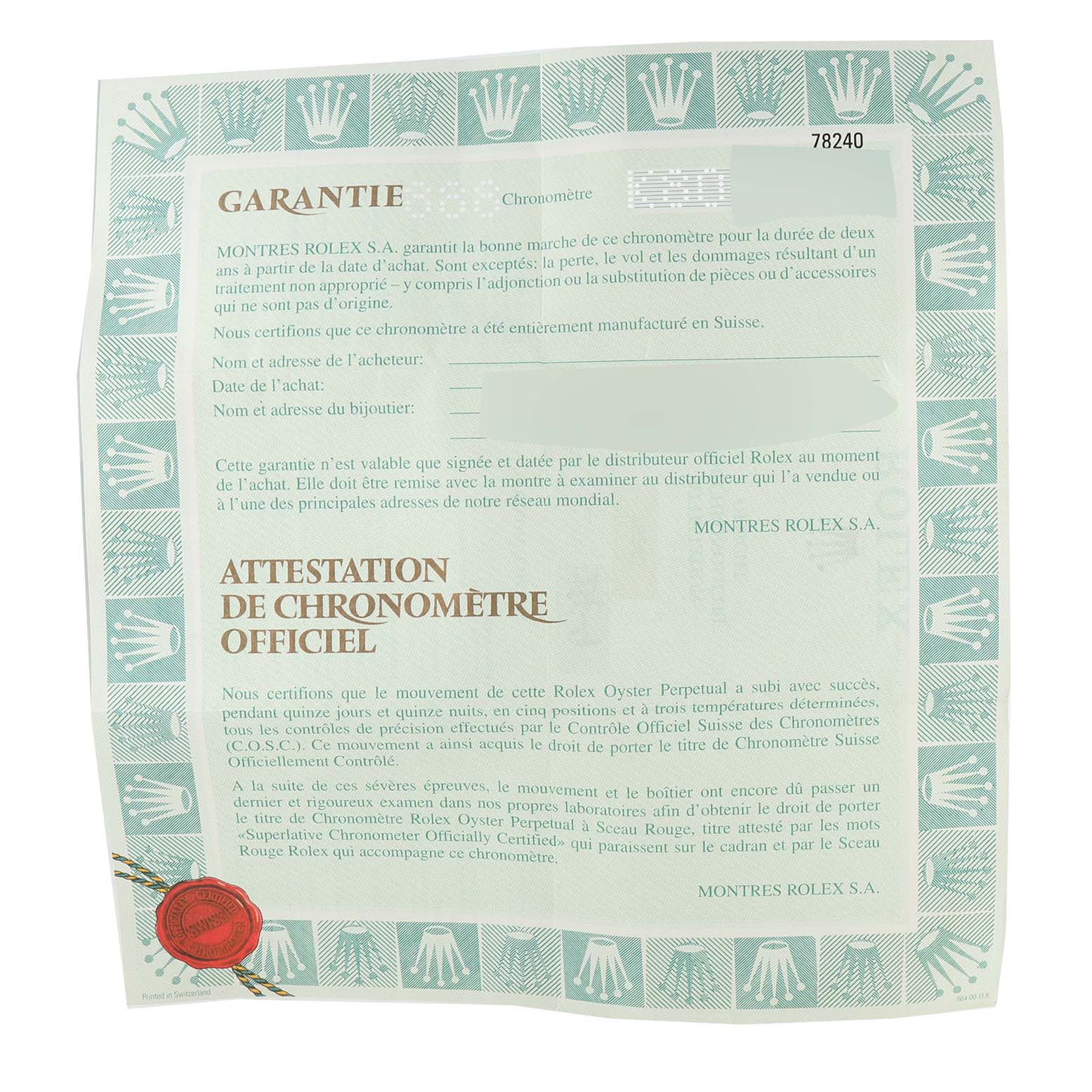 The image shows an official Rolex certificate of Best Quality
ity and warranty for the Mid-Size model, viewed from a bird’s-eye angle.