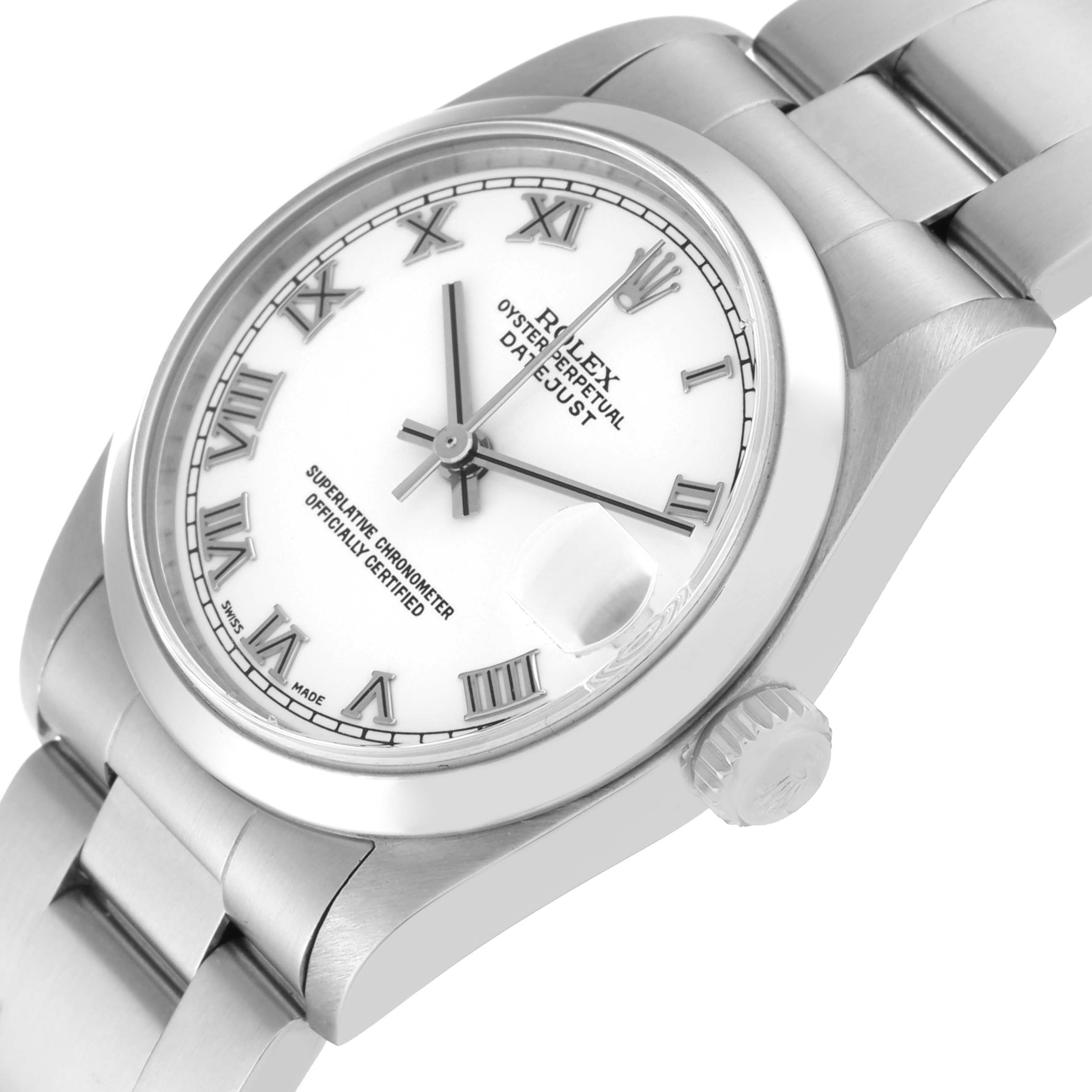 The Rolex Mid-Size 78240 Women
s Stainless Steel White Dial 78240 Women
s Stainless Steel White Dial Oyster Perpetual Datejust watch is shown from a slight side angle, highlighting the dial, crown, and part of the bracelet.