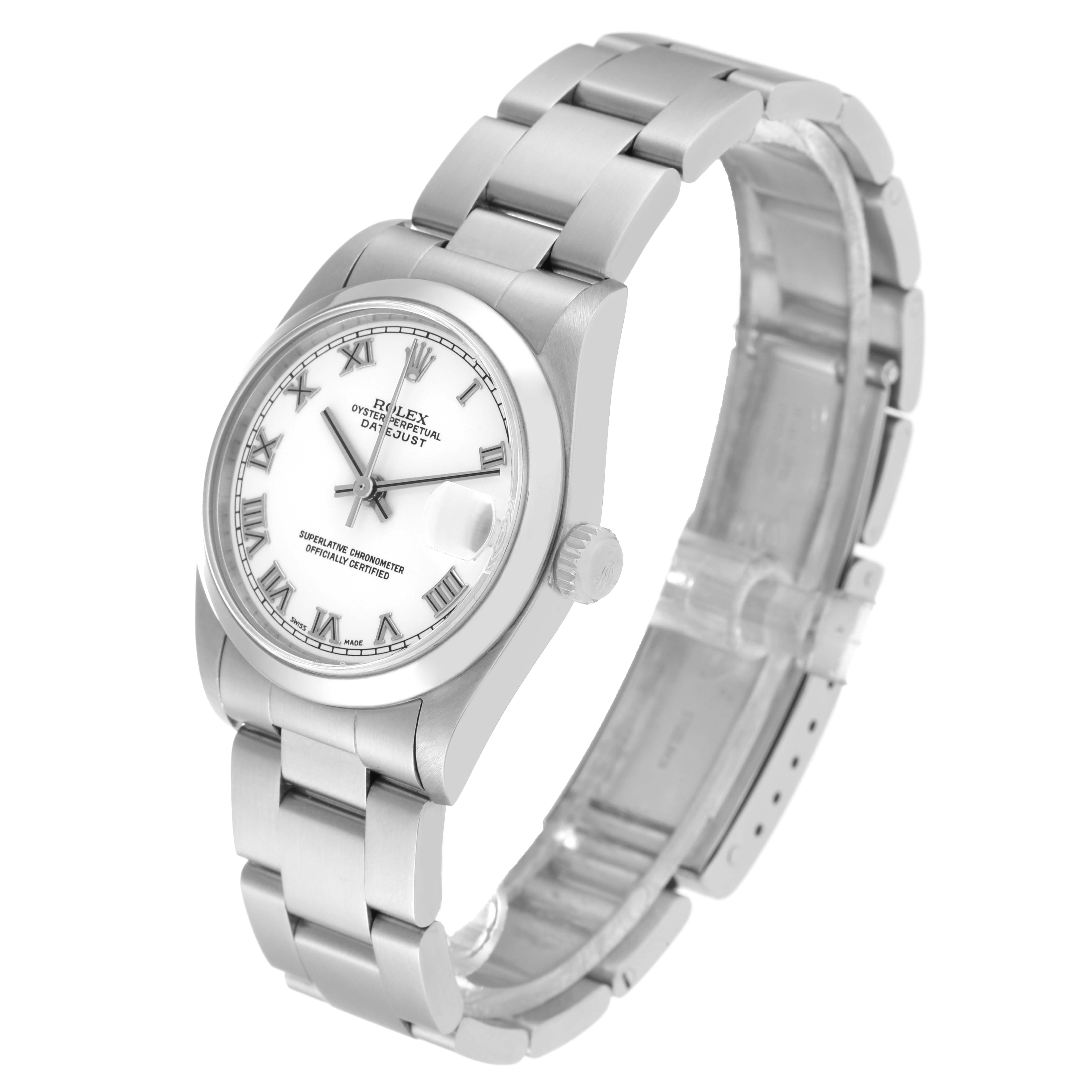 This image shows a Rolex Mid-Size 78240 Women
s Stainless Steel White Dial 78240 Women
s Stainless Steel White Dial Datejust watch at a three-quarter angle, highlighting the bracelet, dial, crown, and case.