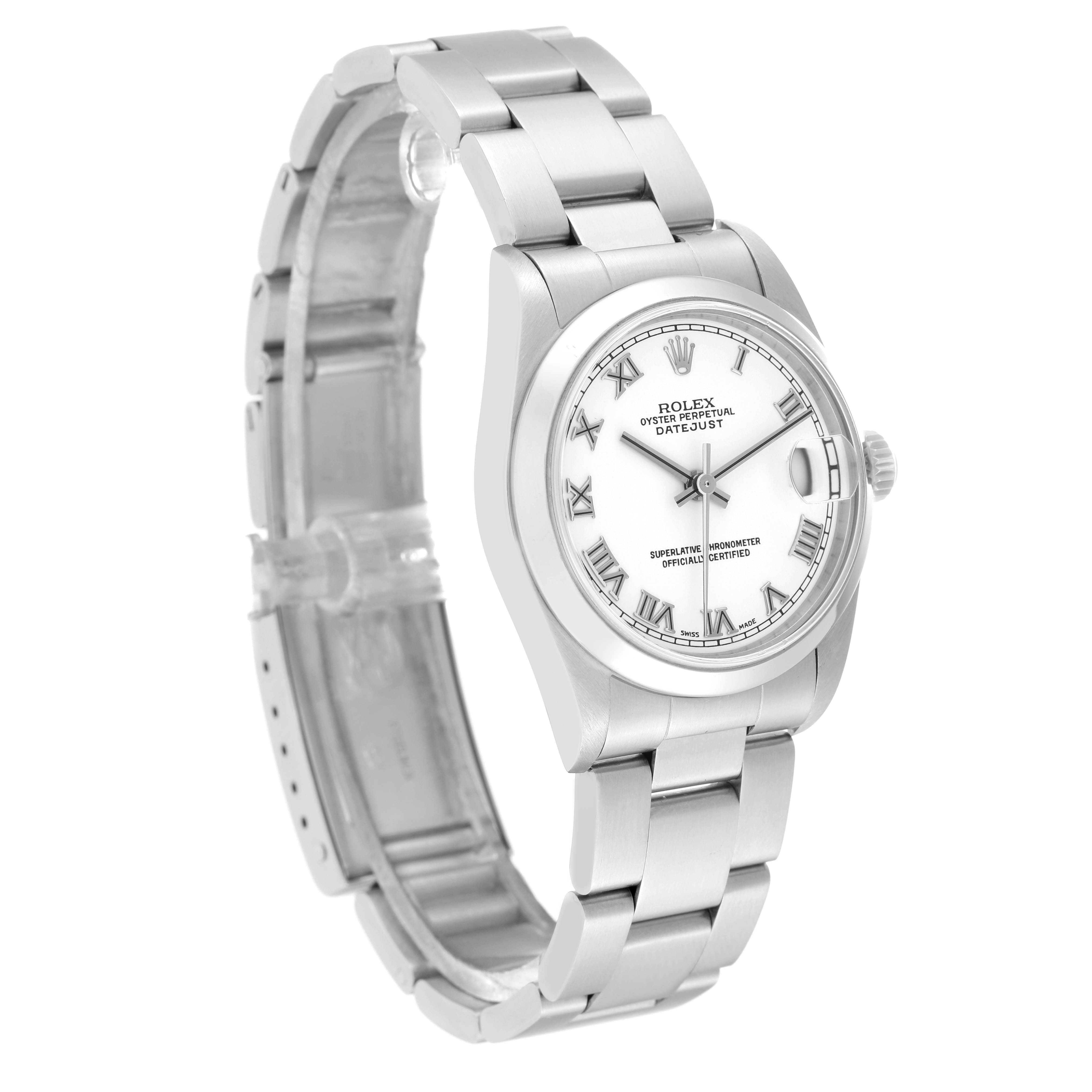 The image shows a Mid-Size Rolex Datejust watch angled from the front-left, highlighting its stainless steel bracelet and dial.