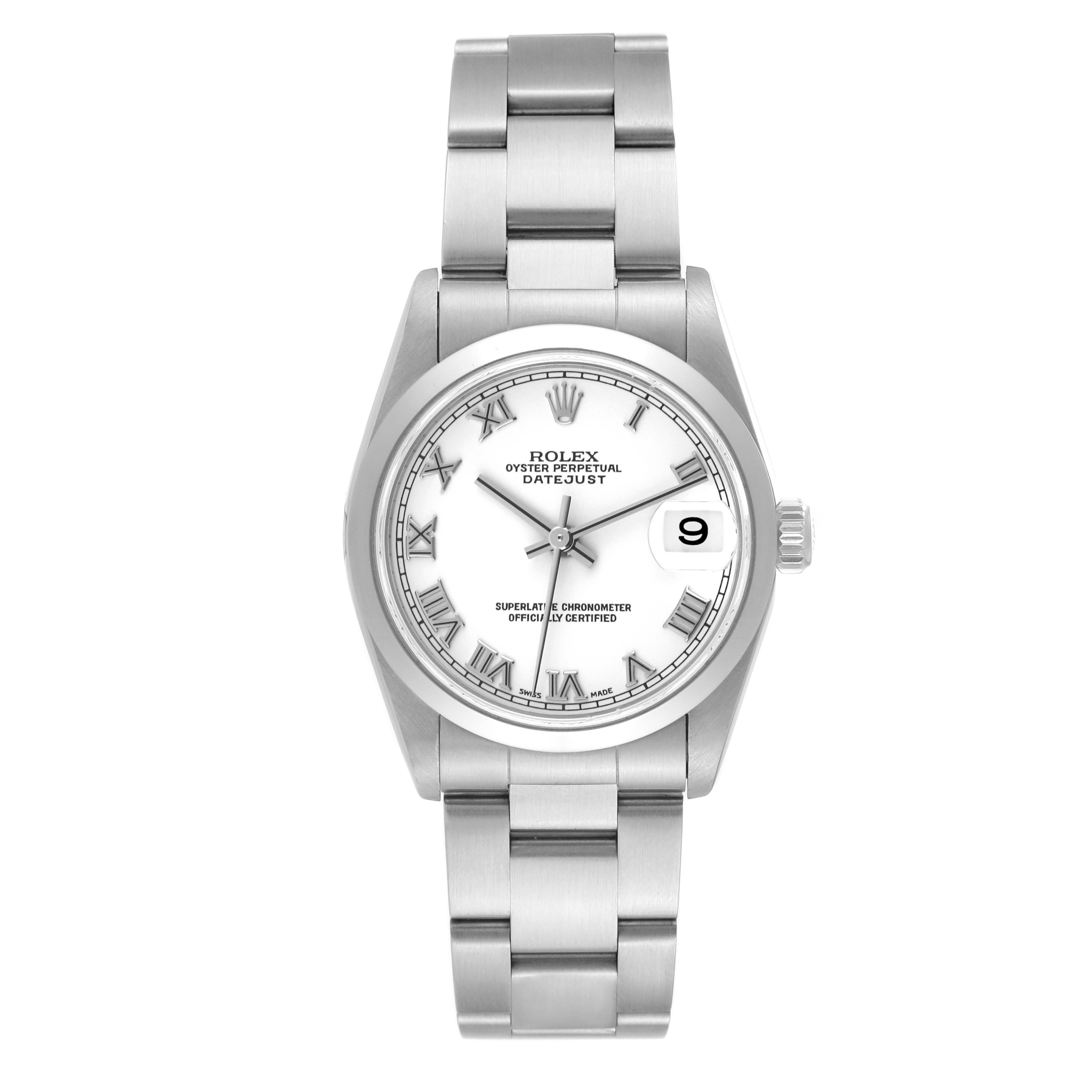 This image shows a frontal view of the Rolex Mid-Size 78240 Women
s Stainless Steel White Dial 78240 Women
s Stainless Steel White Dial Oyster Perpetual Datejust watch, displaying its dial, bracelet, and clasp.