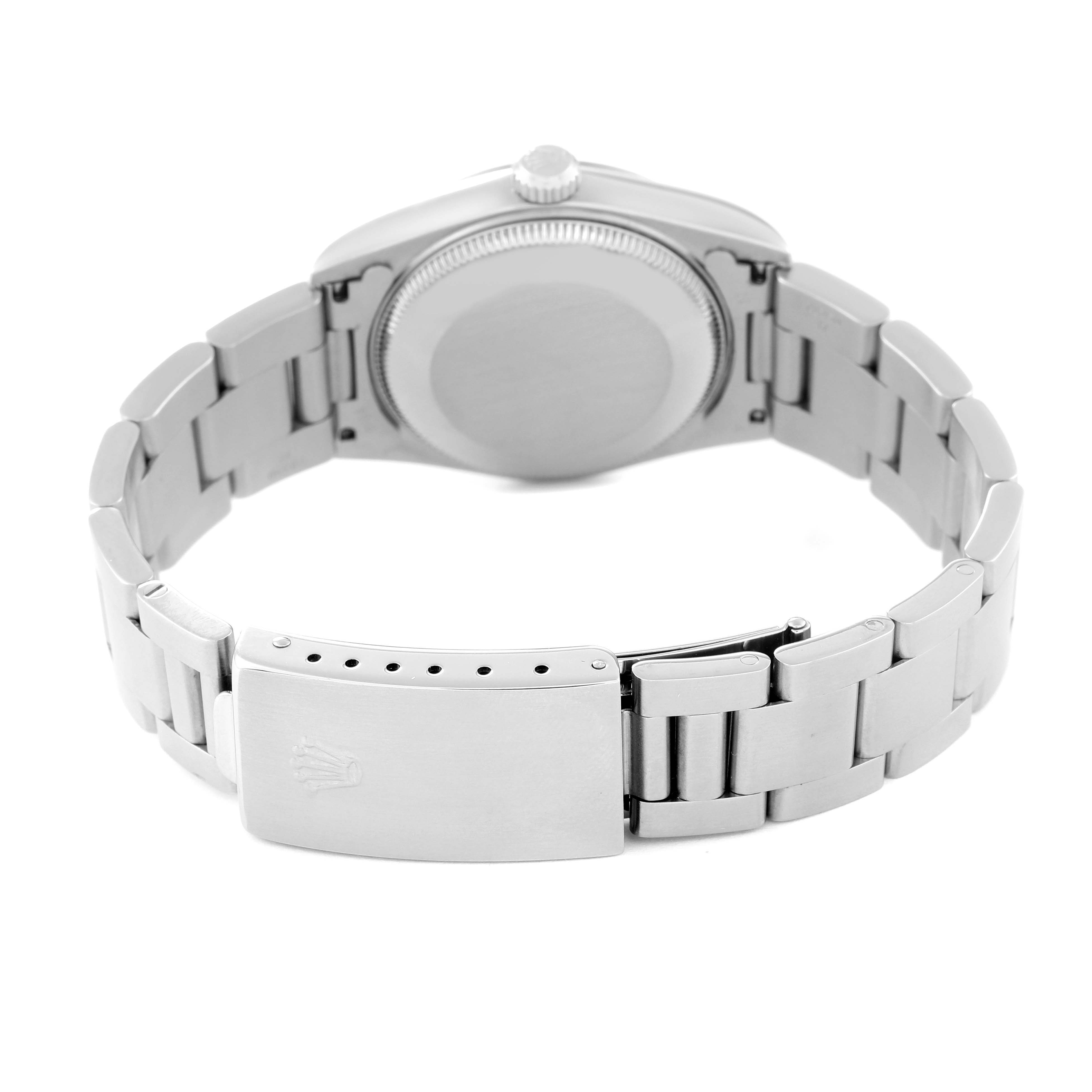 This image shows the back casing and bracelet clasp of the Rolex Mid-Size 78240 Women
s Stainless Steel White Dial 78240 Women
s Stainless Steel White Dial model watch from a rear angle.