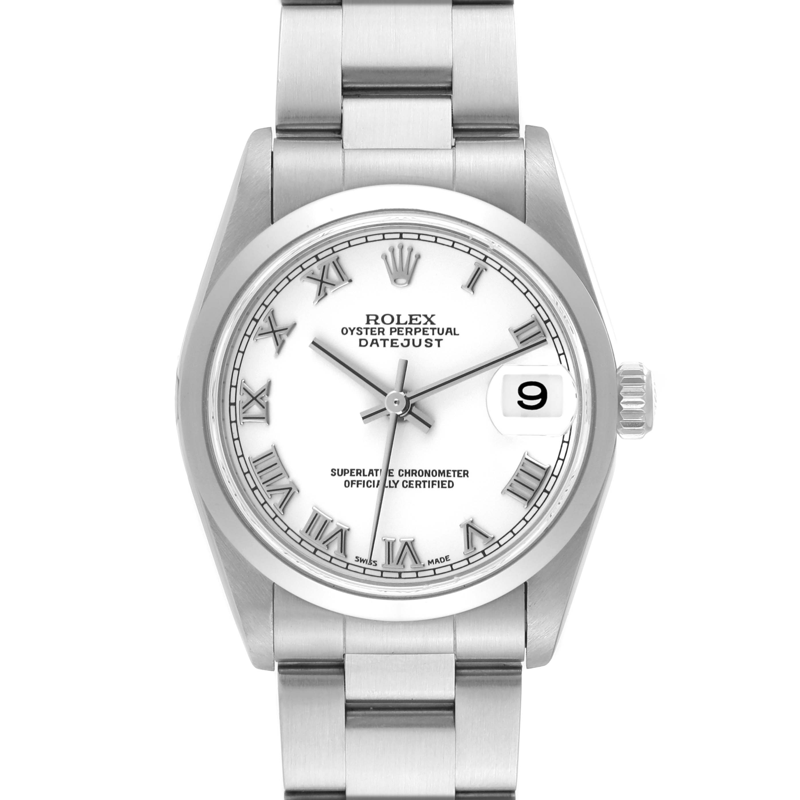 This is a front view of a Rolex Mid-Size 78240 Women
s Stainless Steel White Dial 78240 Women
s Stainless Steel White Dial Oyster Perpetual Datejust watch, showing the face, bezel, and bracelet.