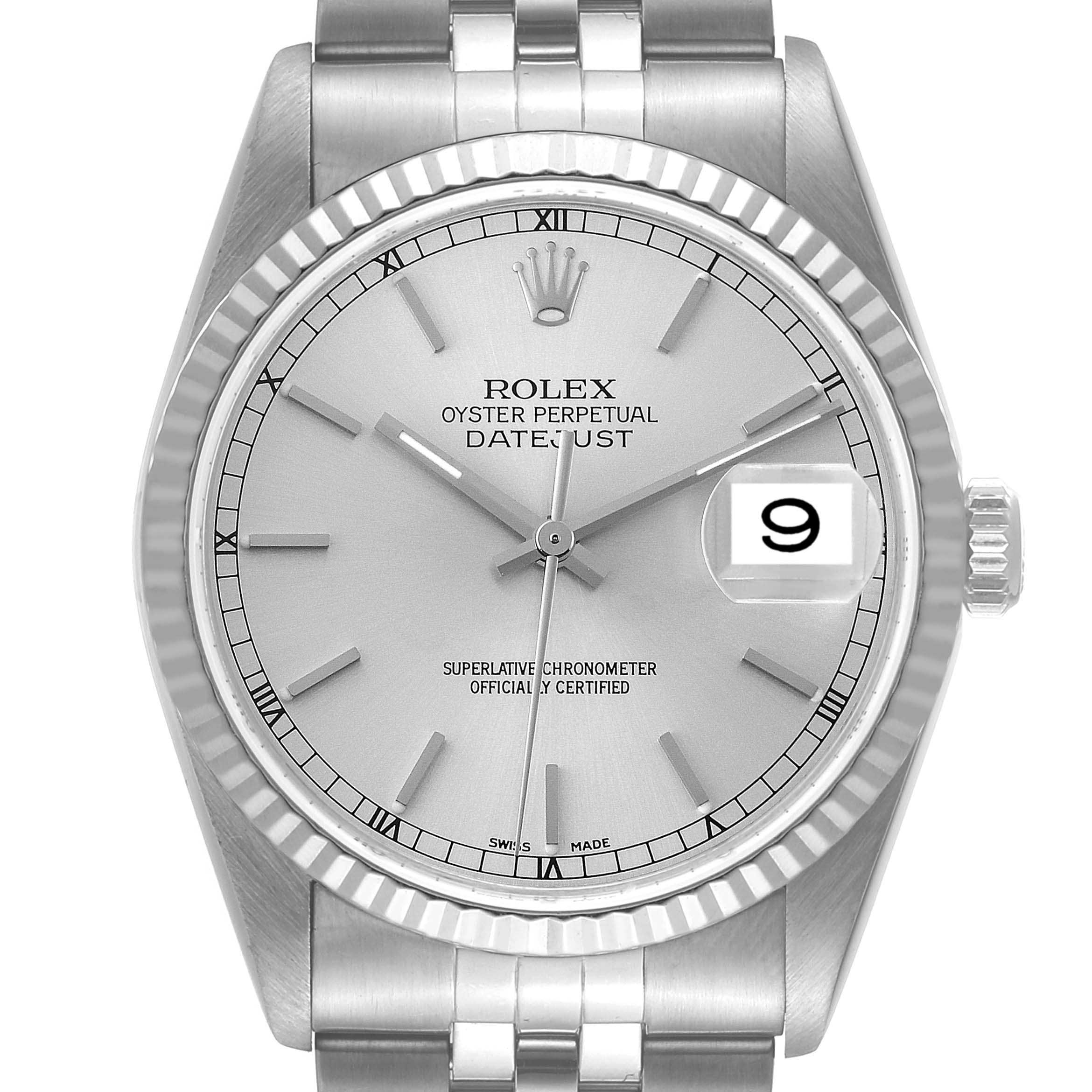 This image shows a front view of a Rolex Datejust 16234 Men's Stainless Steel Silver Dial 16234 Men's Stainless Steel Silver Dial model, displaying the dial, bezel, crown, and bracelet.
