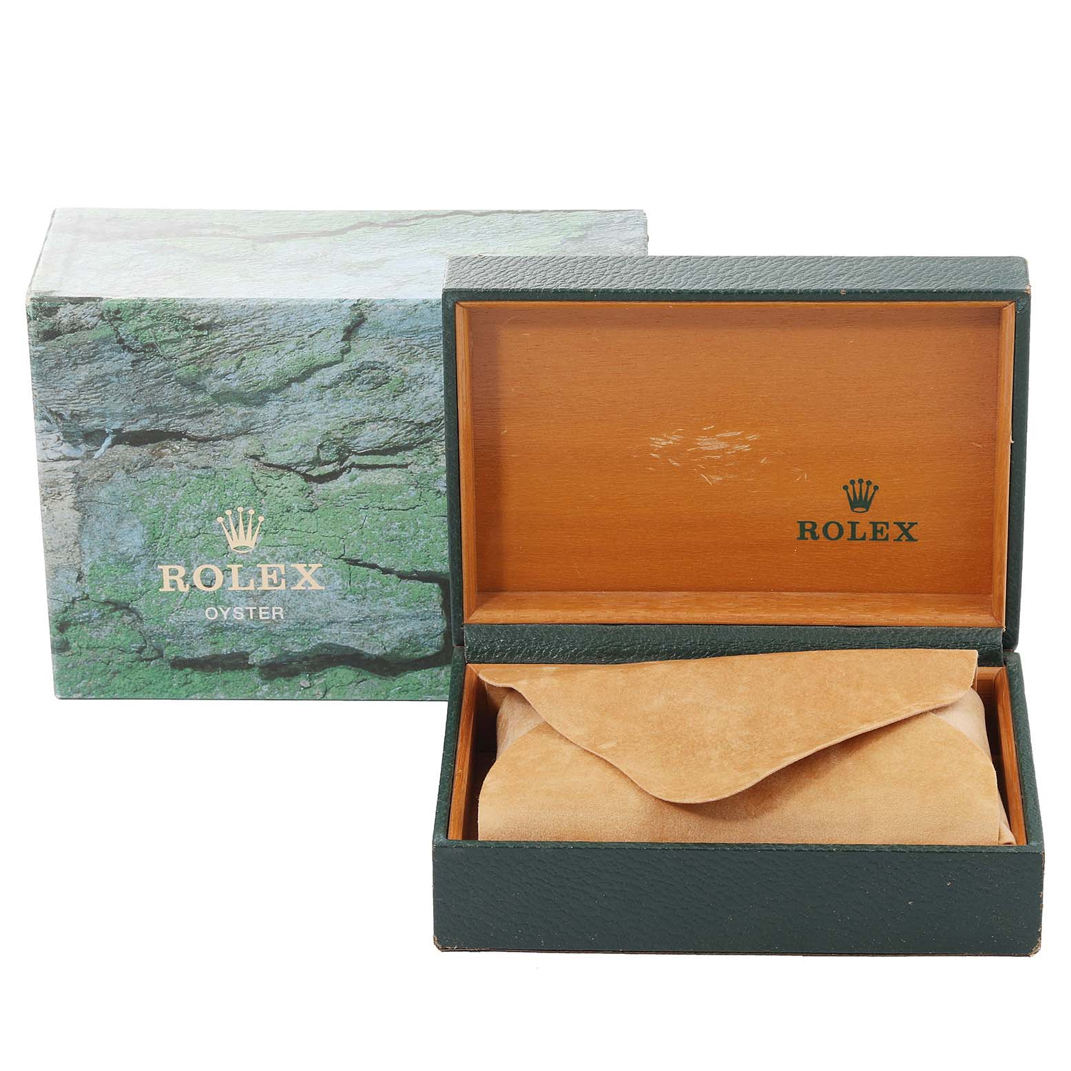 The image shows a Rolex Datejust 16234 Men's Stainless Steel Silver Dial 16234 Men's Stainless Steel Silver Dial model watch's packaging, including an outer box and an inner wooden box with a suede pouch.