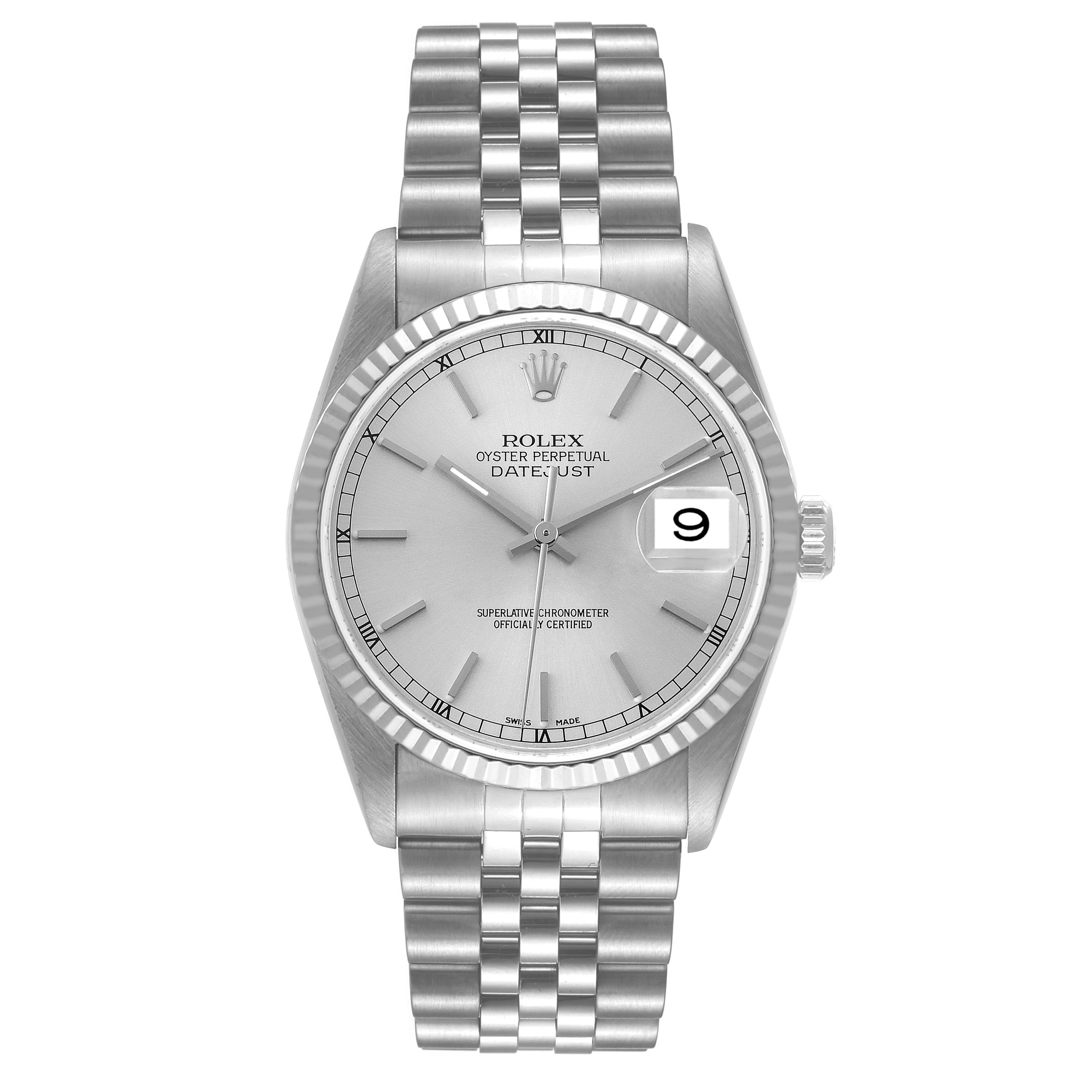 The image shows the Rolex Datejust 16234 Men's Stainless Steel Silver Dial 16234 Men's Stainless Steel Silver Dial watch from a front angle, highlighting the dial, bracelet, and date window.