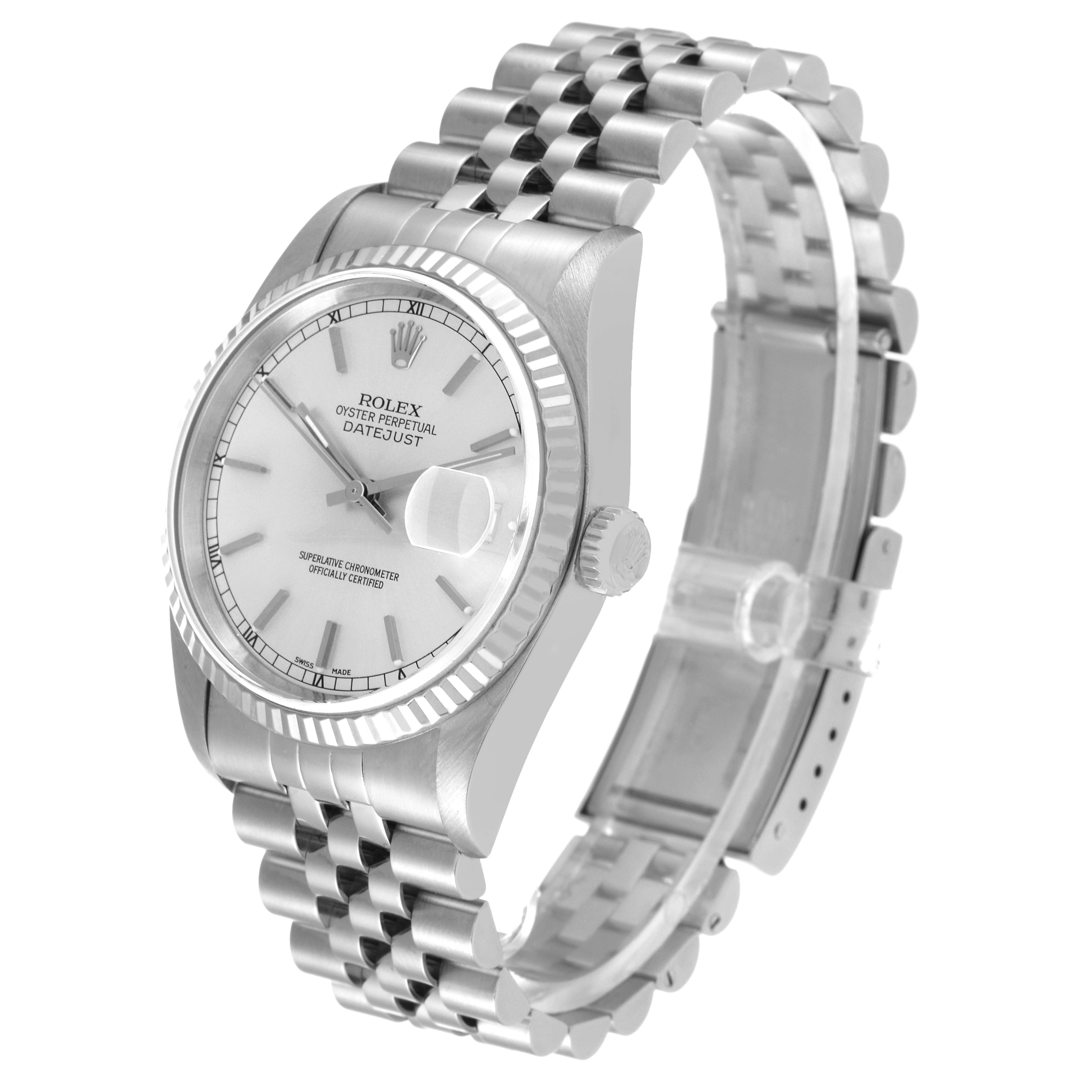 This image shows a Rolex Datejust 16234 Men's Stainless Steel Silver Dial 16234 Men's Stainless Steel Silver Dial watch from a three-quarter angle, highlighting its dial, bezel, bracelet, and crown.