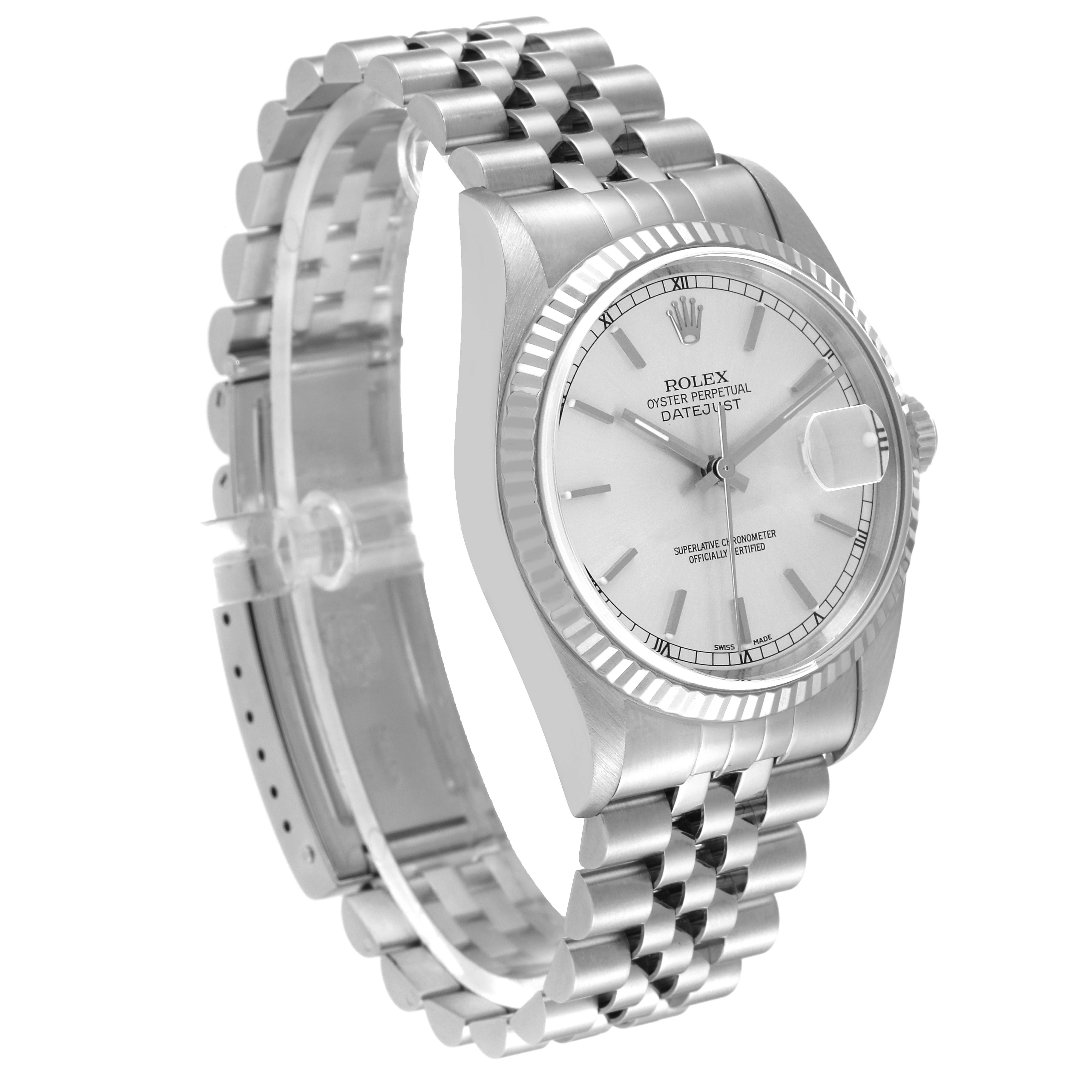 The Rolex Datejust 16234 Men's Stainless Steel Silver Dial 16234 Men's Stainless Steel Silver Dial watch is shown at a slight side angle, displaying the face, bezel, case, crown, and bracelet.