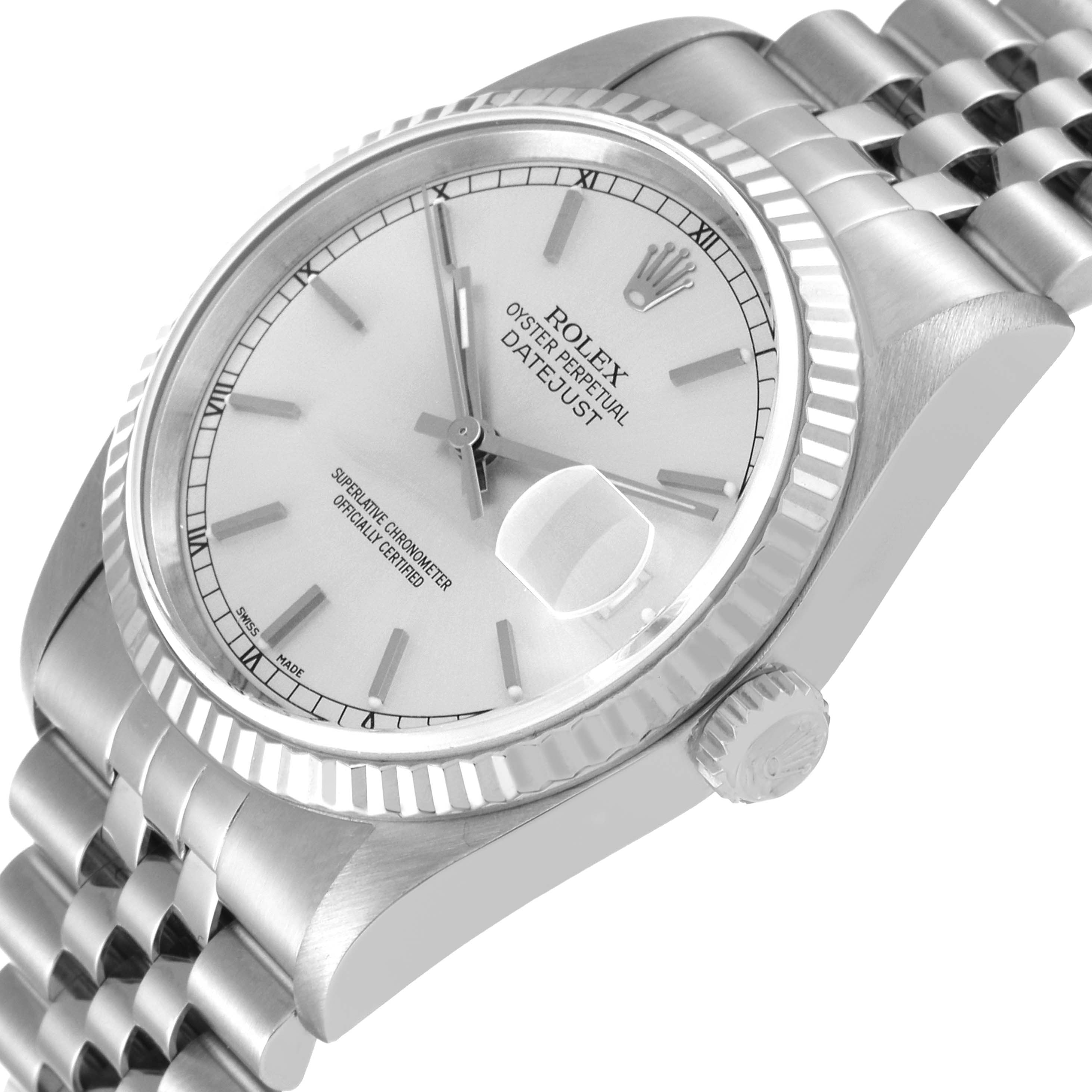 The Rolex Datejust 16234 Men's Stainless Steel Silver Dial 16234 Men's Stainless Steel Silver Dial watch is shown from an angled side view, displaying its face, bezel, and part of its bracelet.