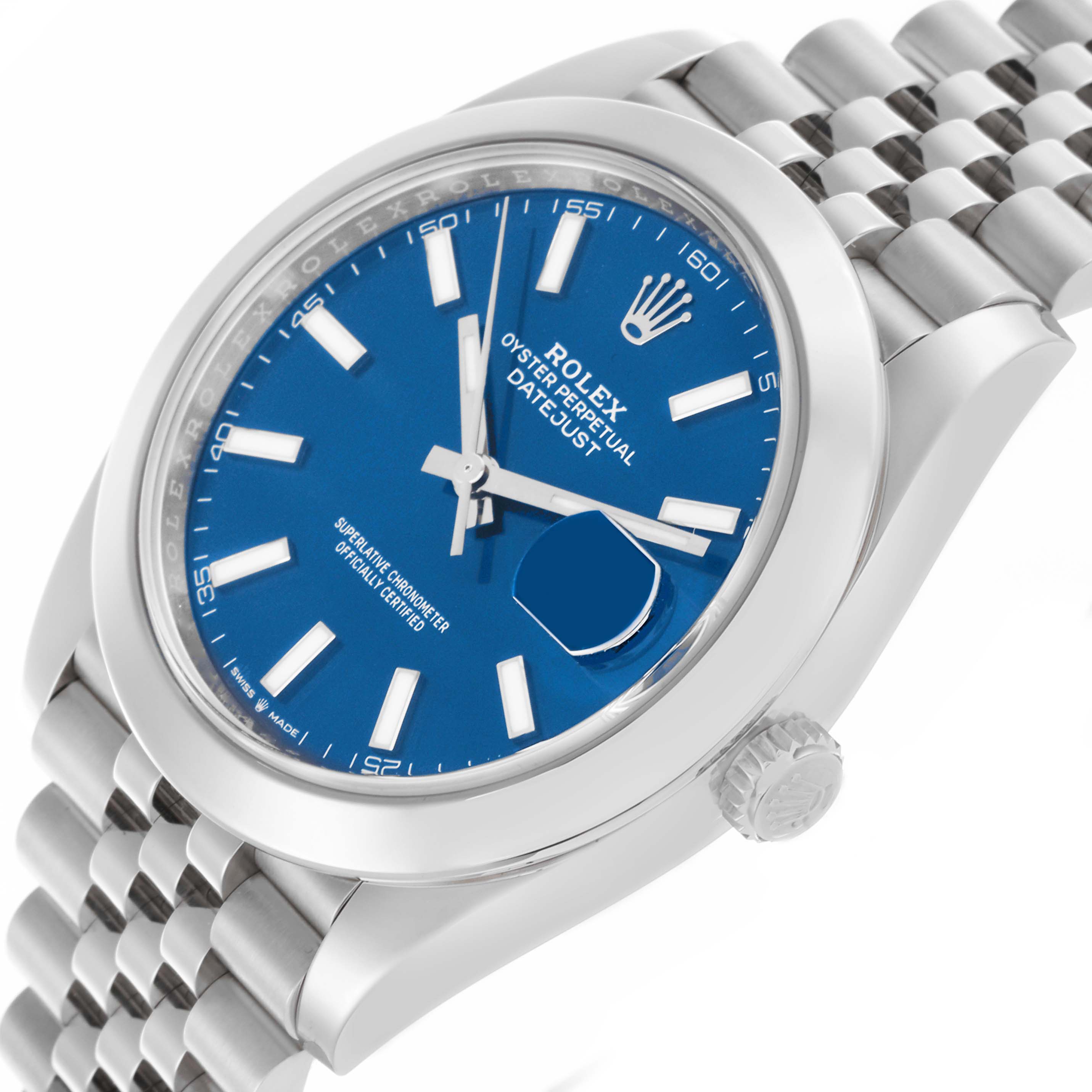 The Rolex Datejust 41 126300 Men's Stainless Steel Blue Dial 126300 Men's Stainless Steel Blue Dial watch is shown at a slight angled view, highlighting the dial, bezel, crown, and part of the bracelet.